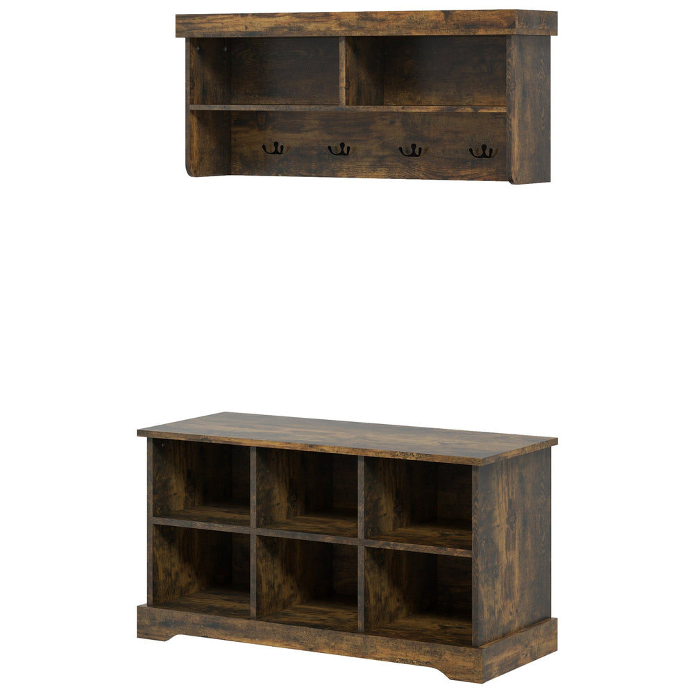 Hallway Bench with 8 Storage Compartments and 4 Hooks for Hallway and Living Room, Rustic Brown