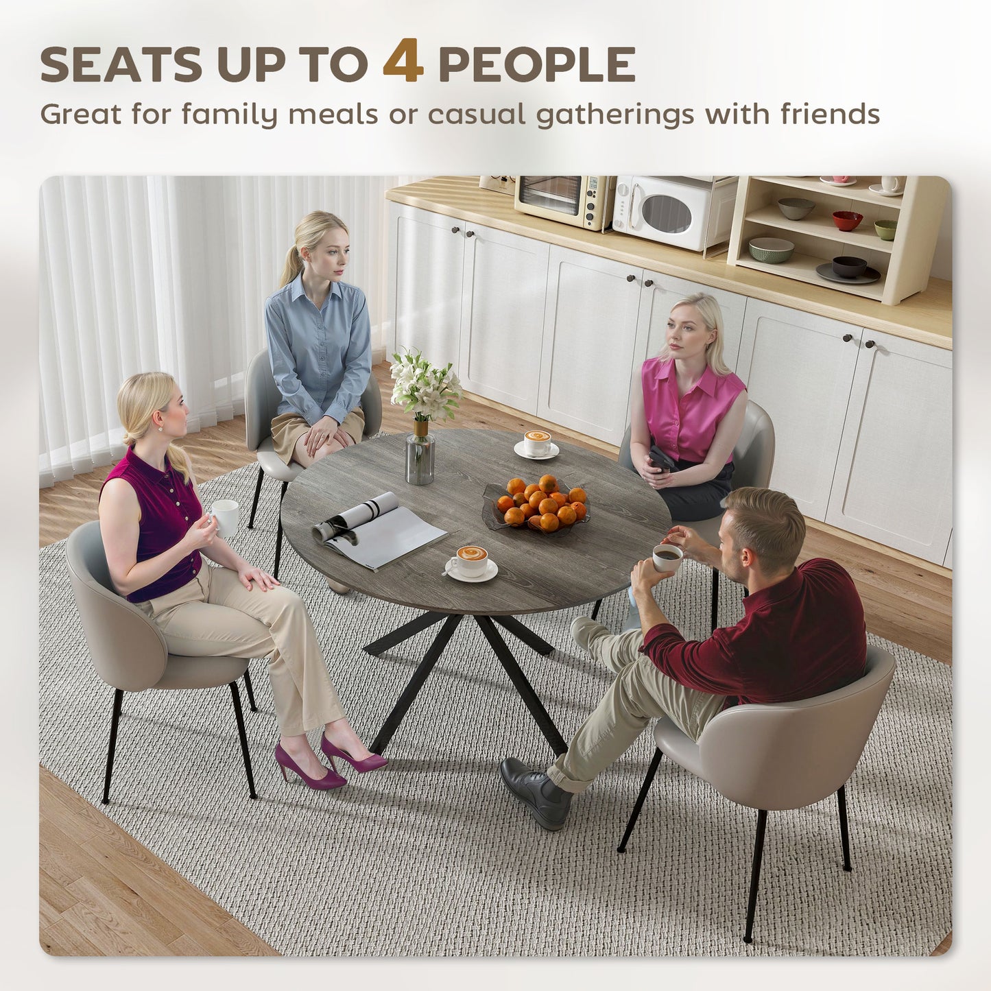 Table de cuisine ronde pour 4 personnes avec pieds en acier, grain de bois gris et noir