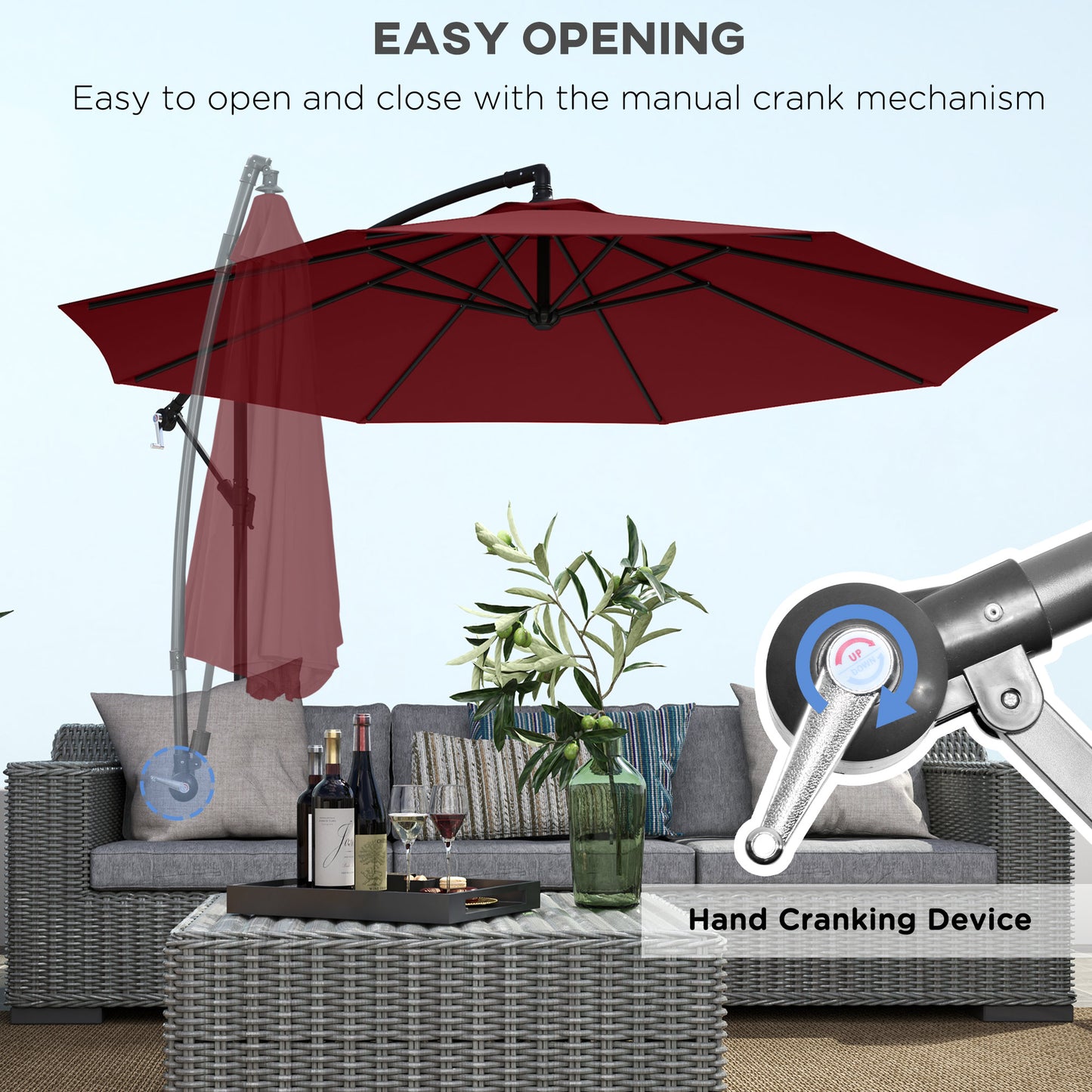 Outsunny 3m Hanging Garden Umbrella, Cantilever, Banana, with Base and Crank, Wine Red