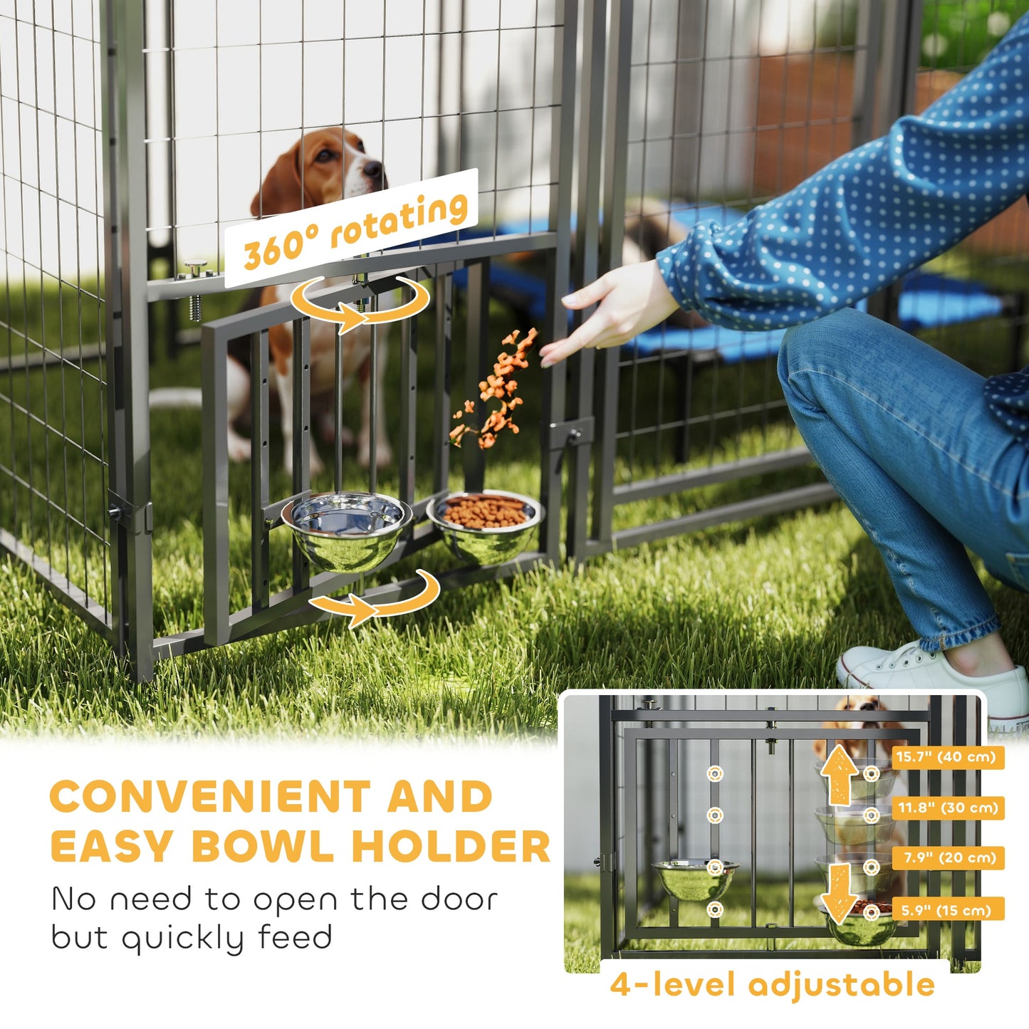 Outdoor Dog Kennel with Waterproof and UV Resistant Cover, 4-Level Rotating and Adjustable Bowls, 1.8 x 1.8 x 1.8 m
