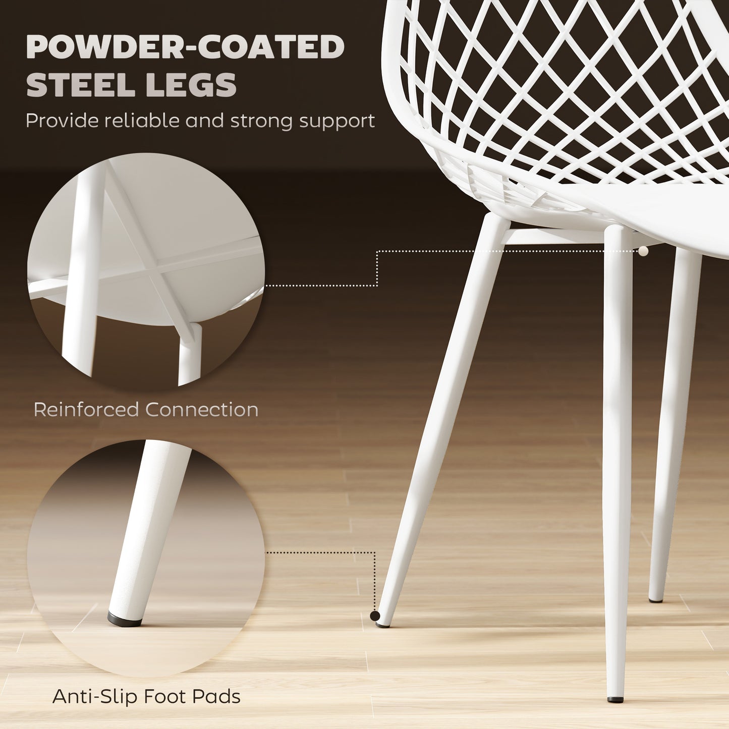 Lot de 4 chaises de salle à manger modernes en plastique avec dossier creux et pieds en métal, blanches
