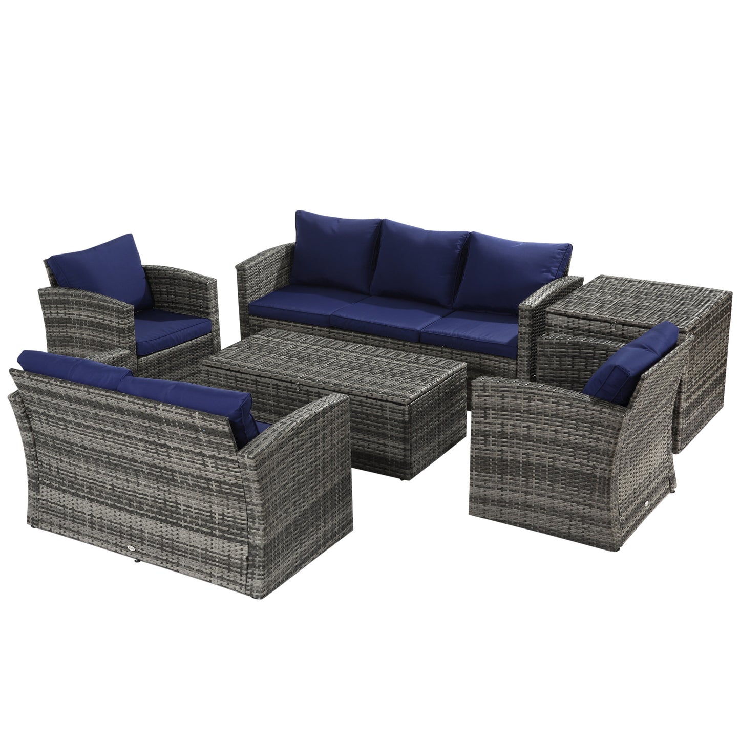 6 Piece Wicker Furniture Set with Cushions, 7 Seater Rattan Garden Sofa with Storage Table, Navy Blue