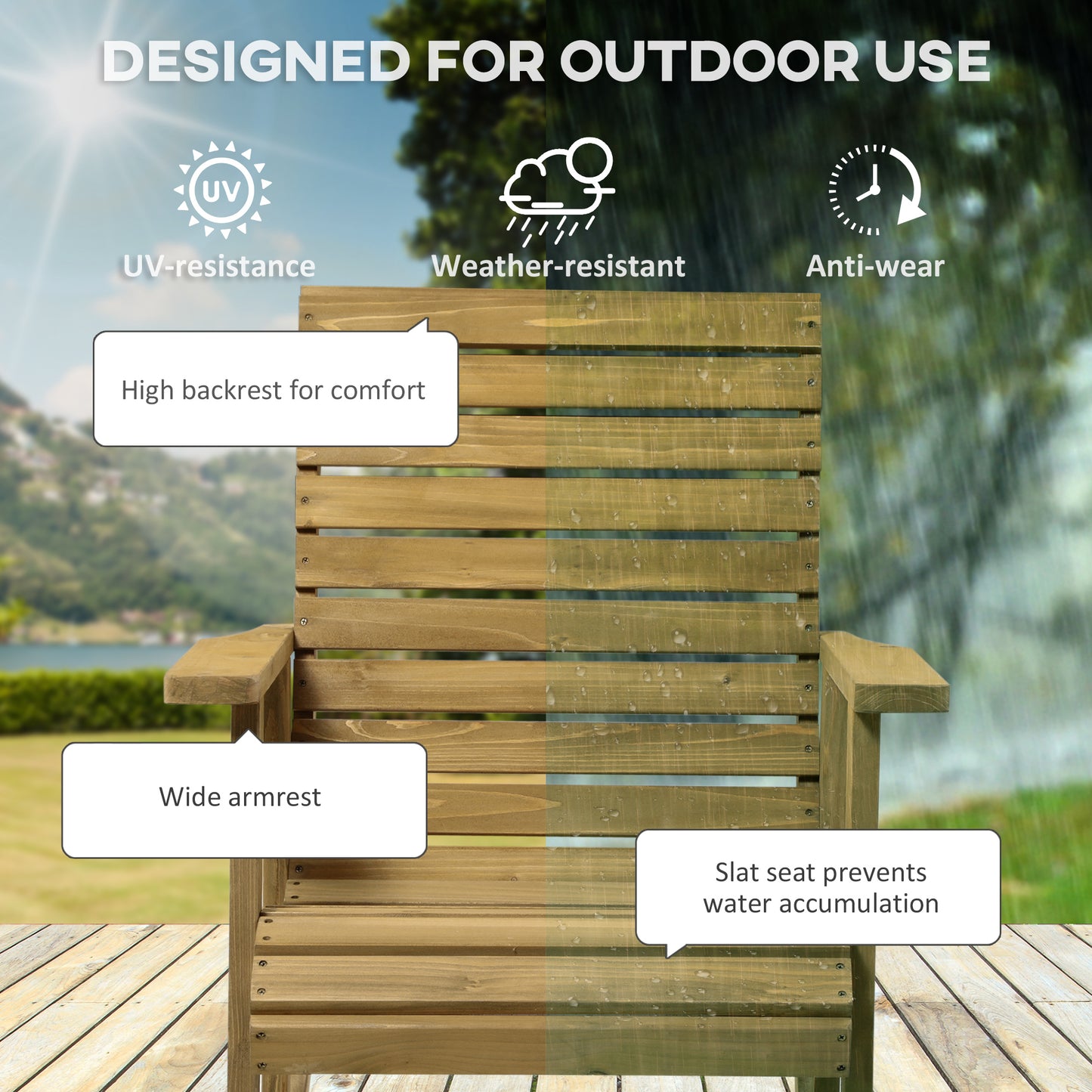 Fauteuil à bascule en bois, structure à lattes avec accoudoirs, pour l'extérieur et l'intérieur, marron clair