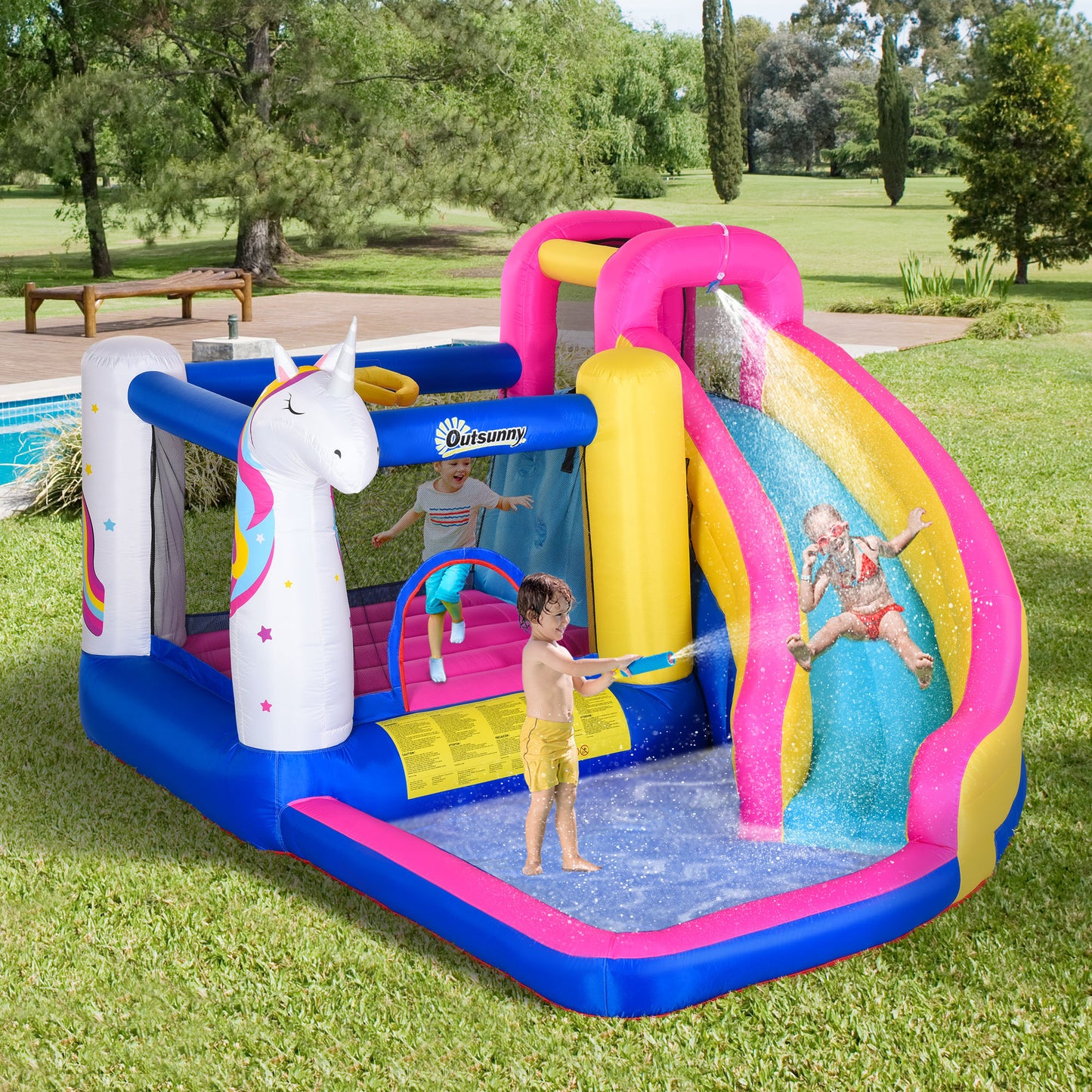 Outsunny Kids 5 in 1 Bouncy Castle, Trampoline, Slide, Pool, Climbing Wall with Inflator for Kids 3-12 Years Old, Summer, 37.5 x 21.6 x 20.5 cm, Multicolor