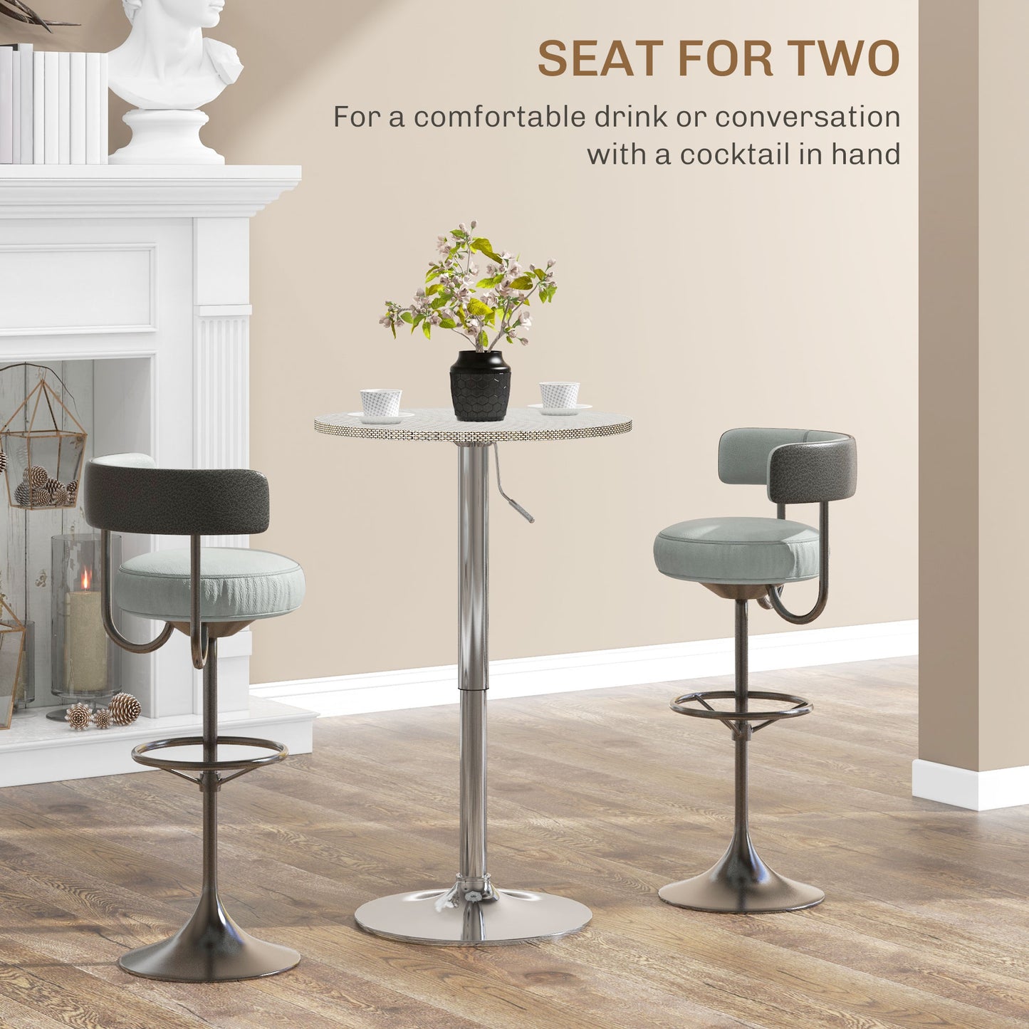 Table de bar réglable pour 2 personnes, ronde avec plateau en rotin synthétique et base en acier, gris
