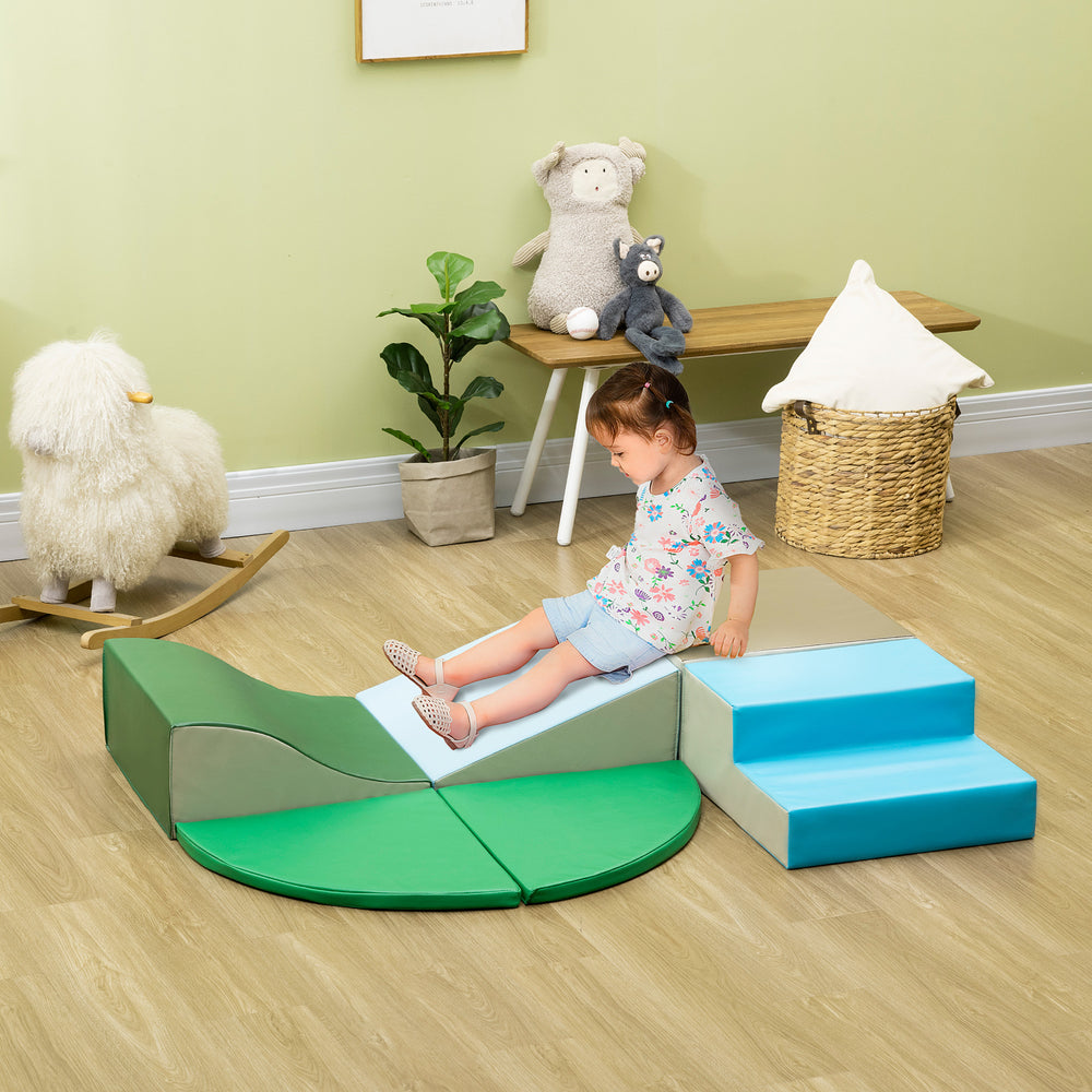 Aire de jeux souple 6 pièces pour grimper, ramper et glisser, bleu/vert