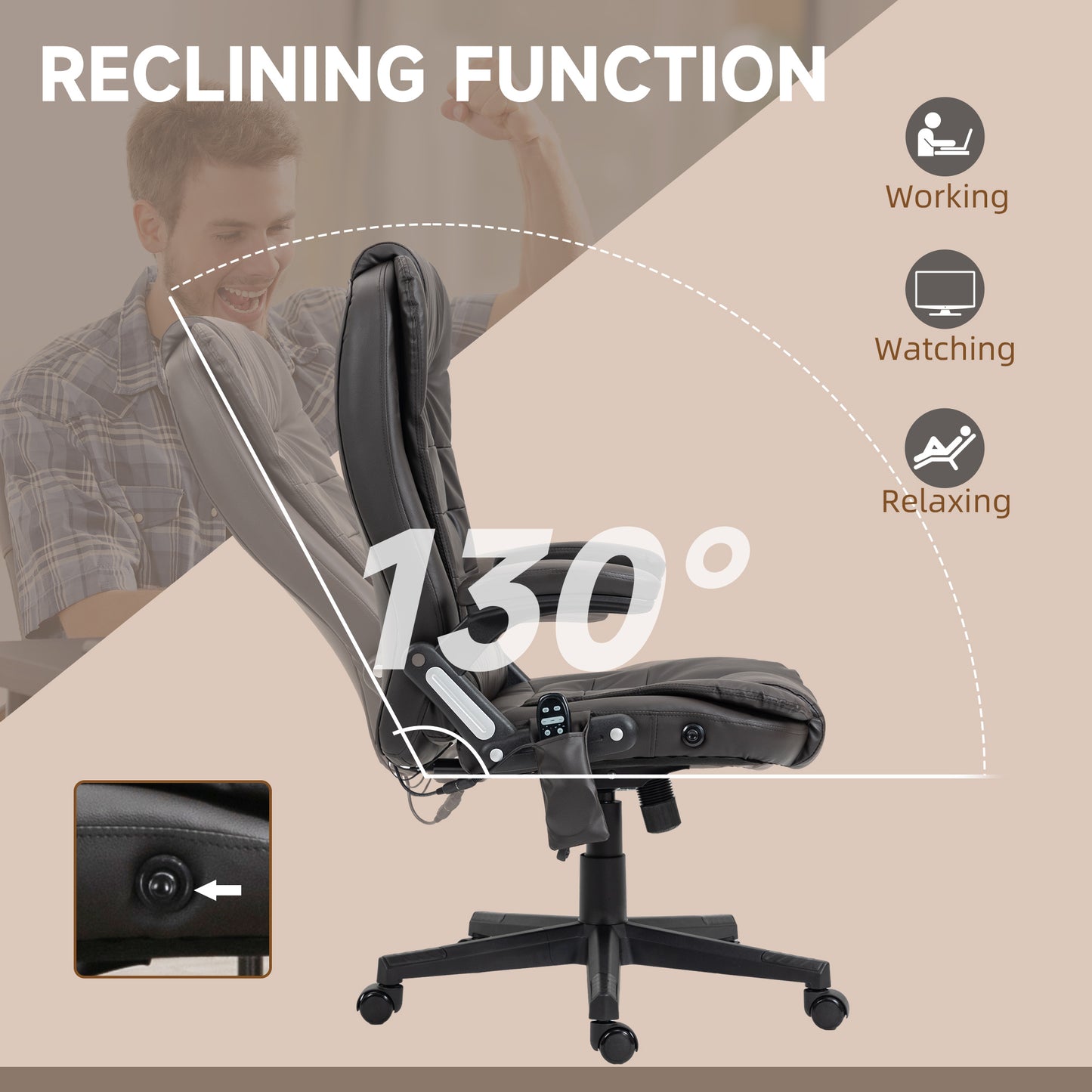 Office chair, heated, ergonomic, massaging, swiveling, vibrating in imitation leather