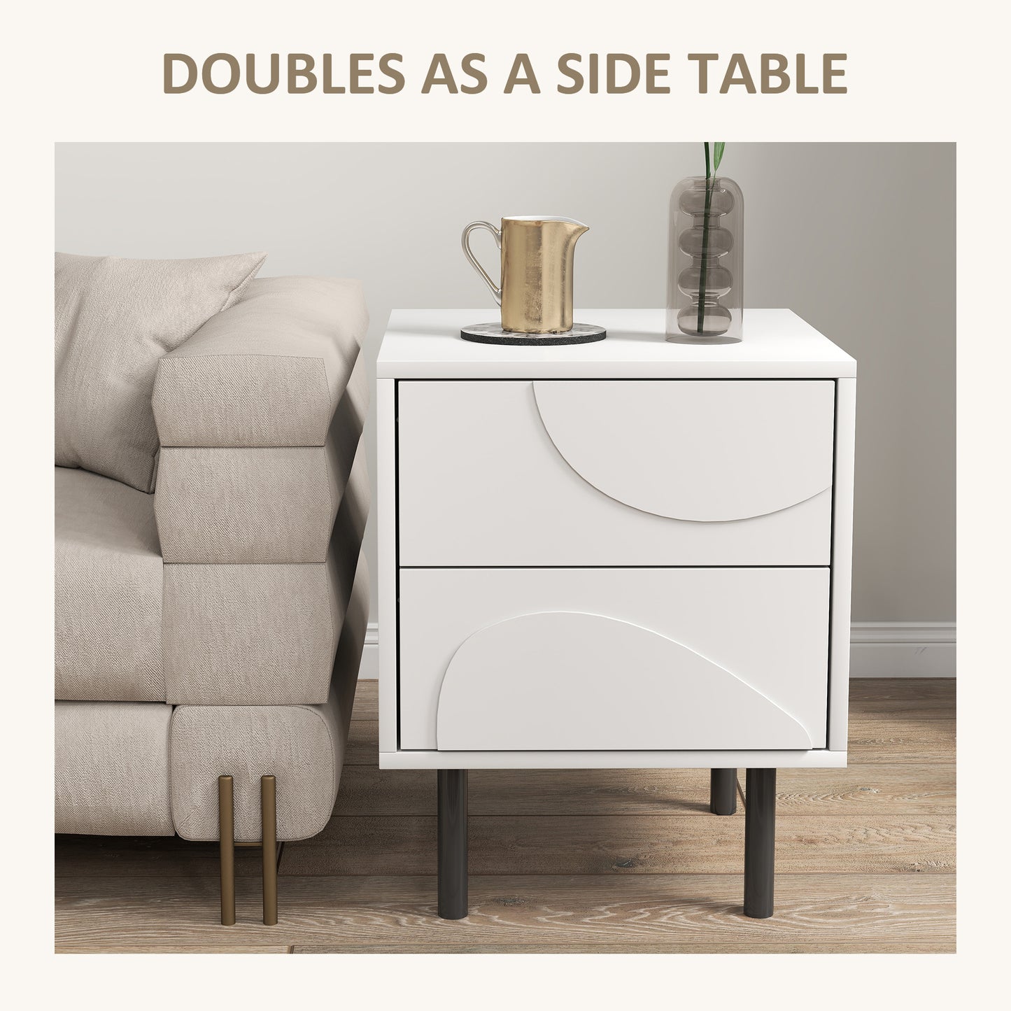 Ensemble de 2 tables de chevet moderne avec tiroirs à ouverture par pression et pieds en acier, blanc