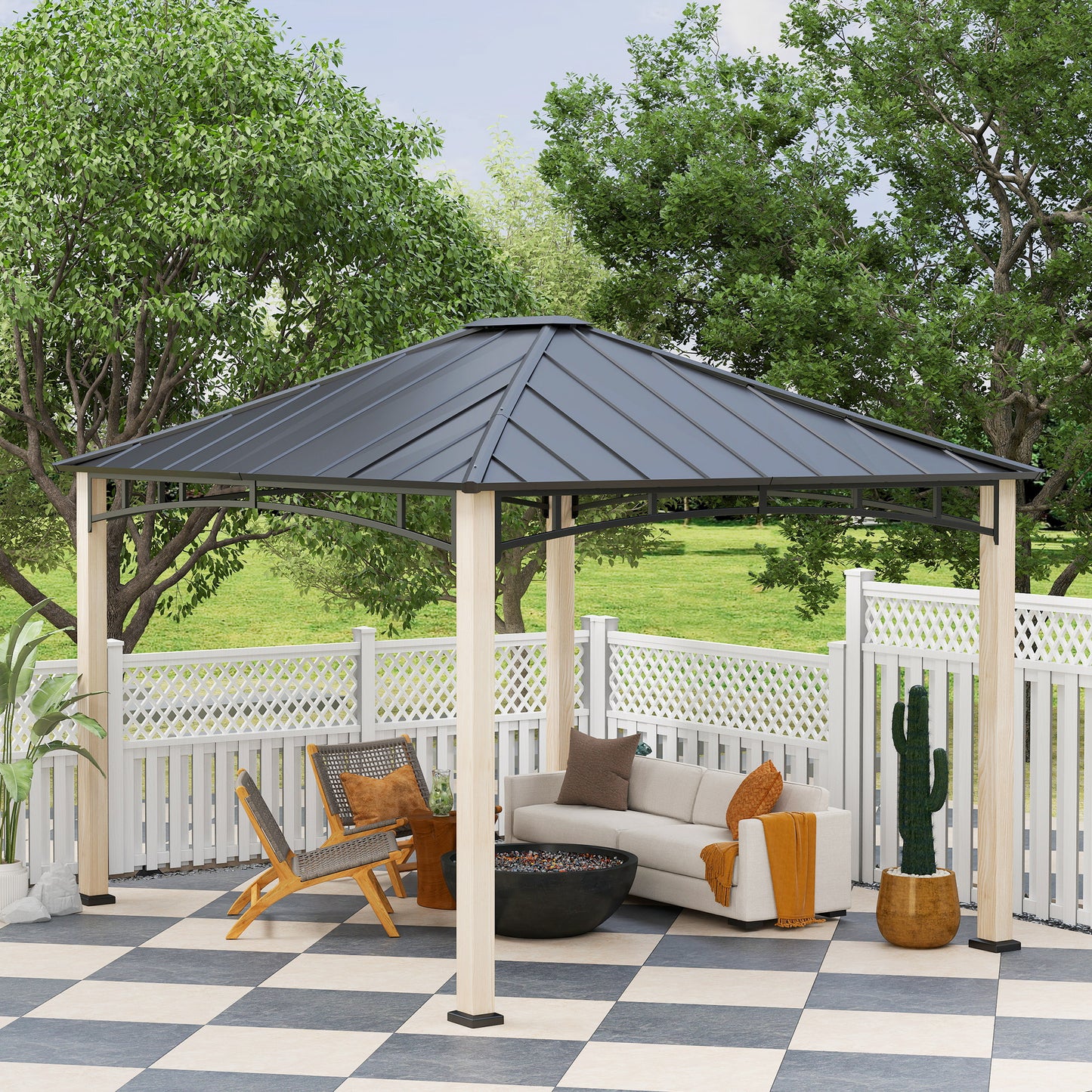 Gazebo 10' x 12' à toit rigide avec toit en métal, structure en grain de bois, auvent d'extérieur pour patio,
