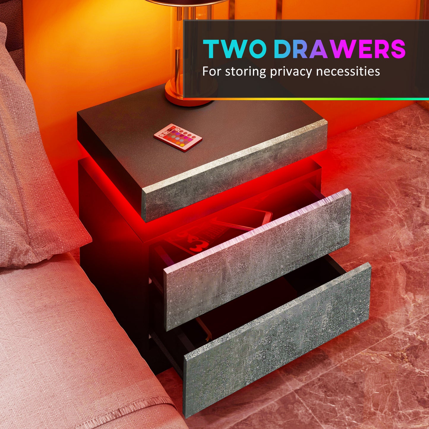 Table de chevet avec éclairage LED et 2 tiroirs pour chambre et salon, gris ciment