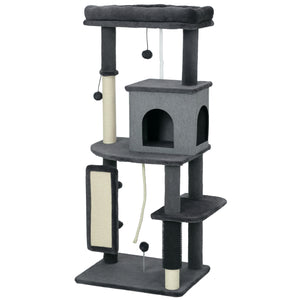 Arbre à chat de 132 cm avec griffoirs, panier, niche et brosse de toilettage, gris
