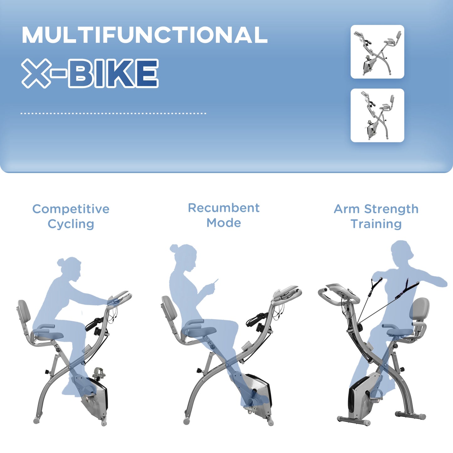 Soozier 3-in-1 Folding Bike, Foldable Stationary Bike with 8-Level Magnetic Resistance, Adjustable Seat, Grey