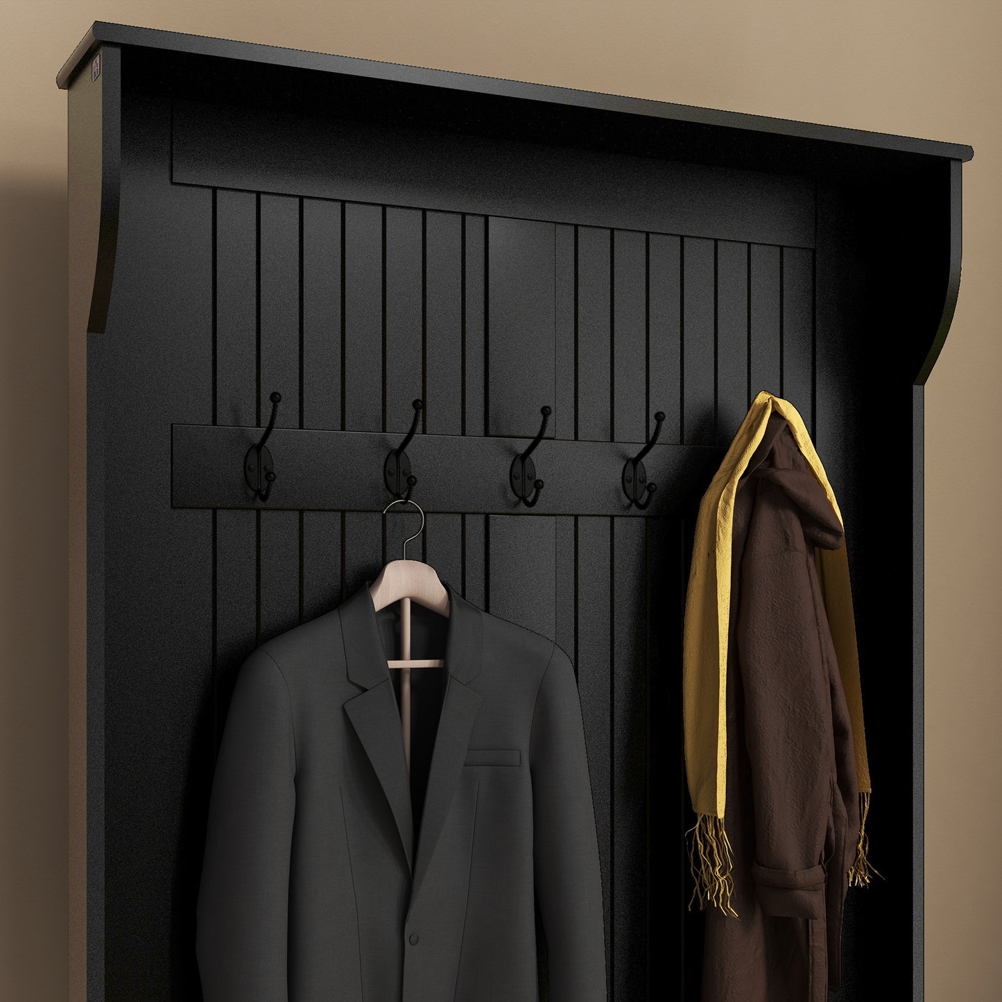 Meuble d'entrée 3 en 1 avec porte-manteau, rangement à chaussures et banquette, banc d'entrée avec 4 crochets, noir