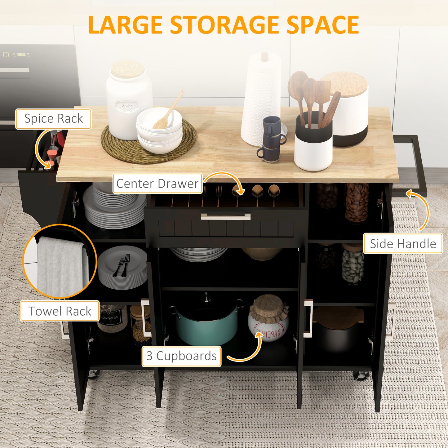 Desserte de cuisine moderne à roulettes avec tiroirs, plateau en bois naturel, porte-serviettes, armoire de rangement à porte, noir
