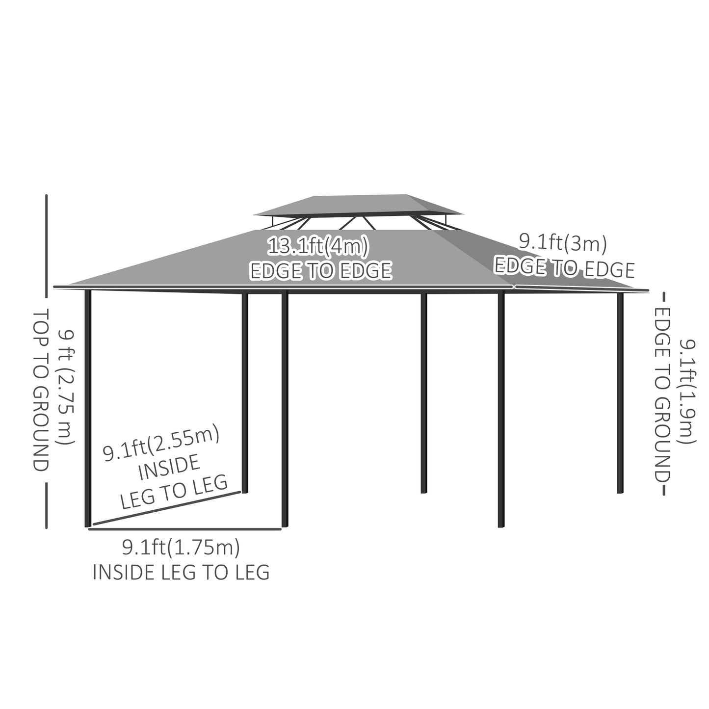 Gazebo 10' x 13', abri pare-soleil extérieur à 2 niveaux avec rideaux, gris foncé