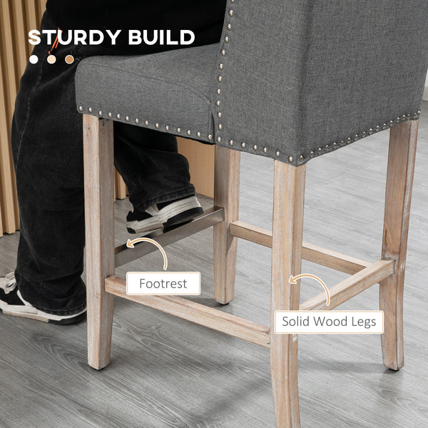 Set of 2 upholstered bar stools with studded back and footrest, gray