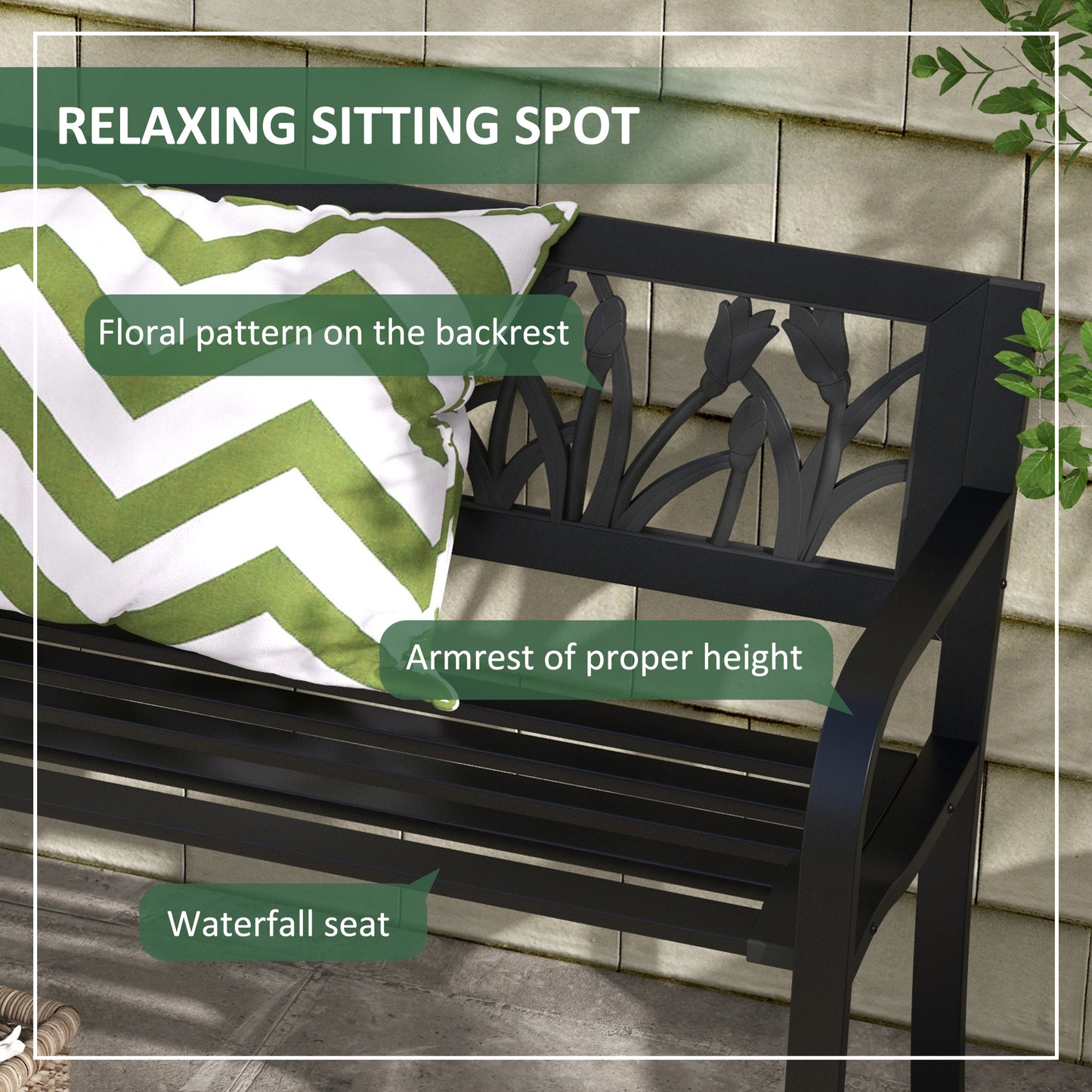 Banc d'extérieur en métal avec accoudoirs incurvés et assise à lattes pour patio, noir