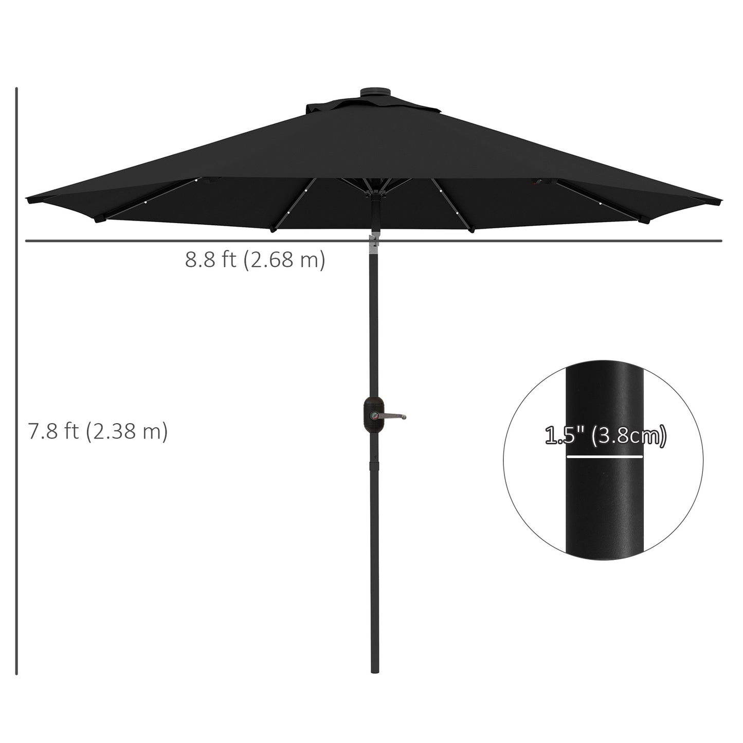 Parasol solaire d'extérieur de 9 pieds, 24 LED, toit inclinable, noir