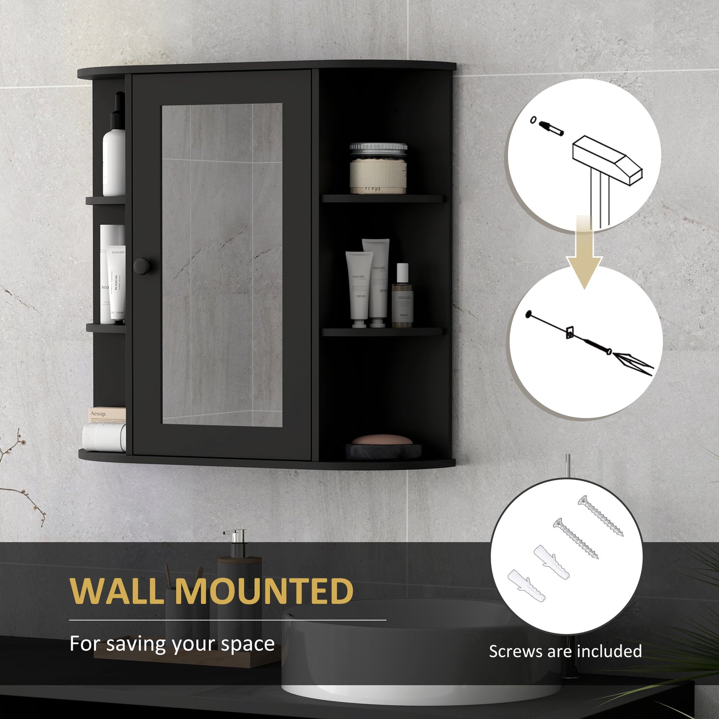 Armoire de salle de bain murale avec miroir, porte et étagères, noire