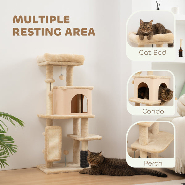 Arbre à chat de 104 cm avec griffoirs, panier, niche et plateformes de saut, beige