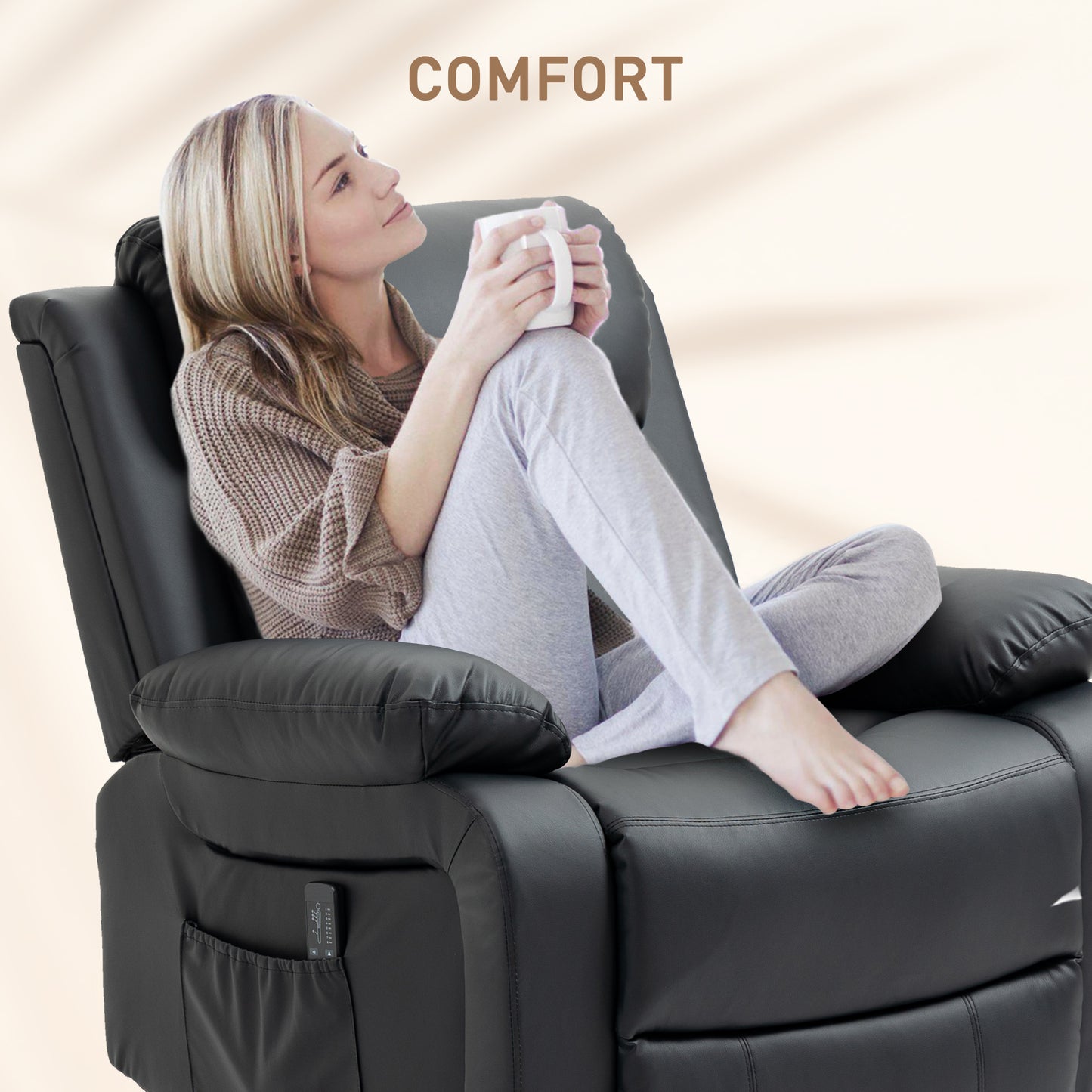 Fauteuil inclinable en cuir synthétique avec massage par vibration, base pivotante, fonction bascule, télécommande, noir