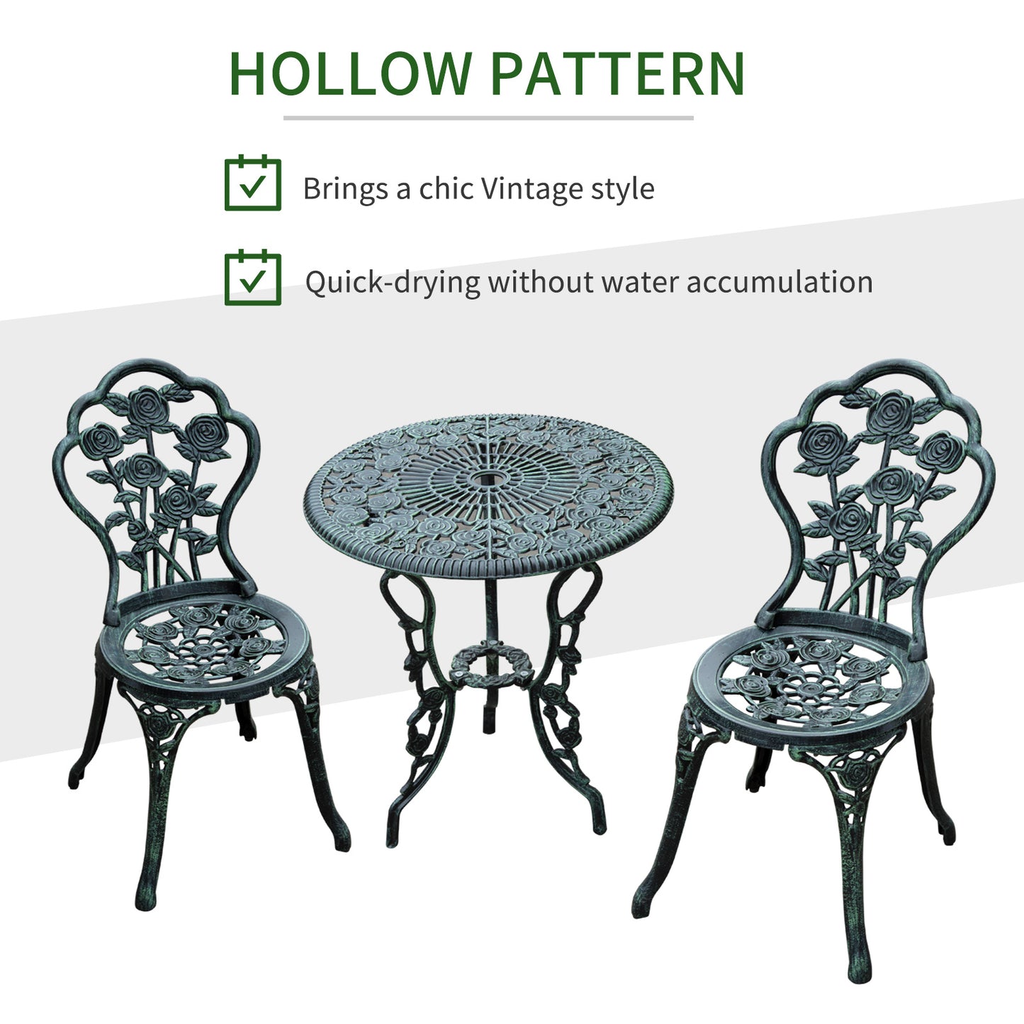 Outsunny Ensemble table et chaises de bistrot de patio 3 pièces Vert antique