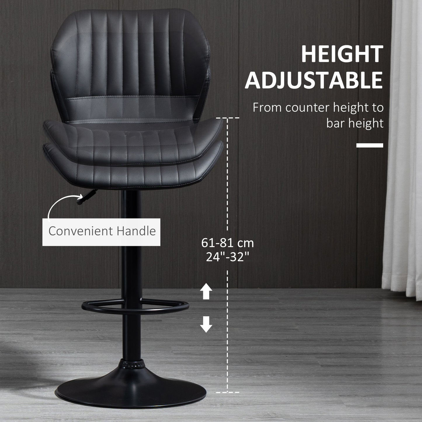 Set of 2 Adjustable PU Leather Swivel Stools with Chrome Base and Footrest, Black