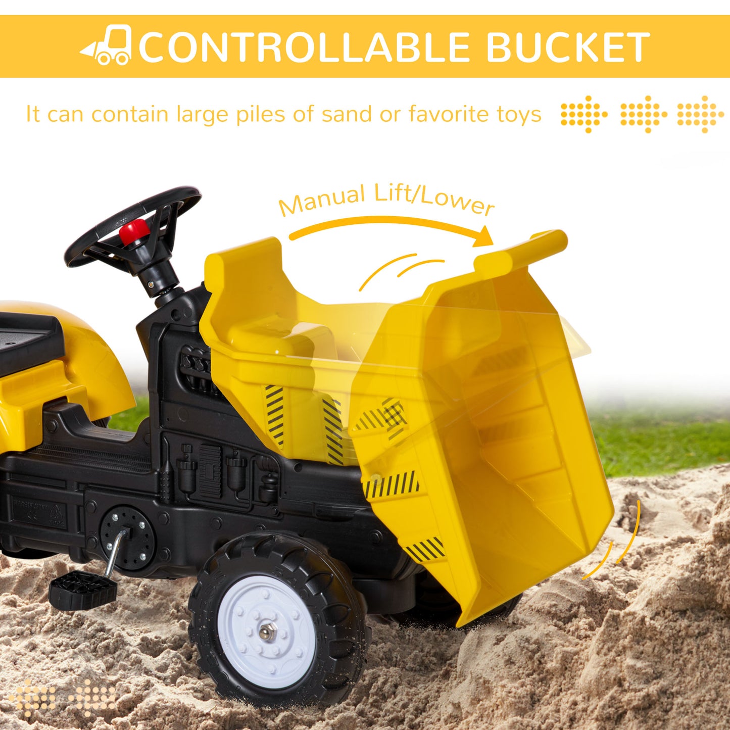 Pedal Tractor for 3 Year Olds with Hand Operated Bucket, Yellow