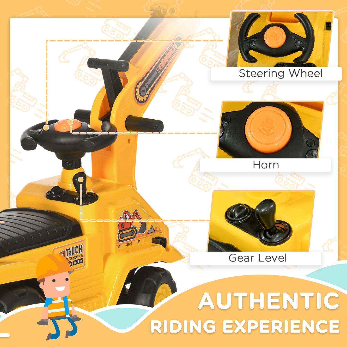 3 in 1 Ride-on Toy Excavator Pull Back Shovel Pretend Play Construction Truck