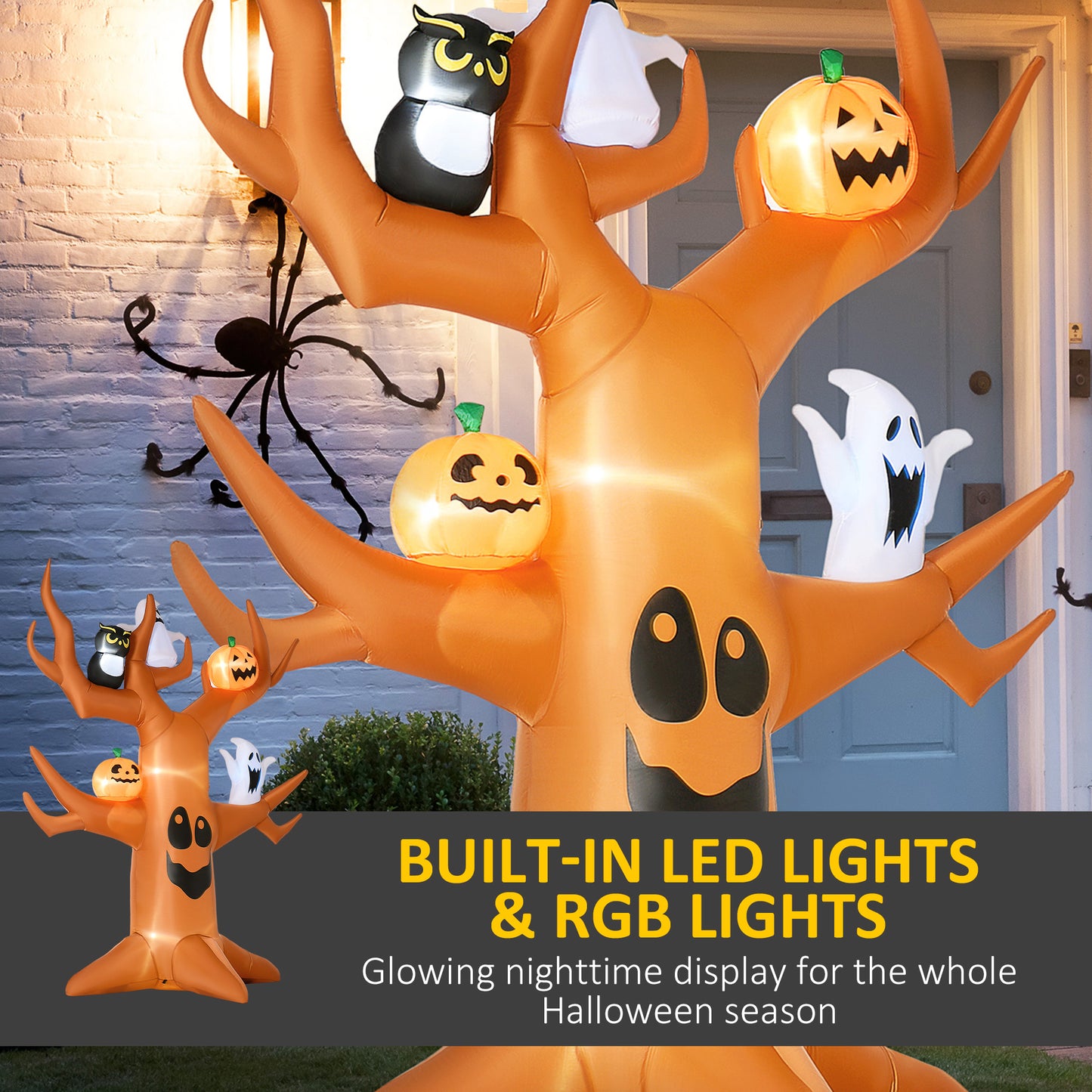 Arbre hanté gonflable d'Halloween de 2,7 m avec citrouilles, fantômes et chat, affichage LED