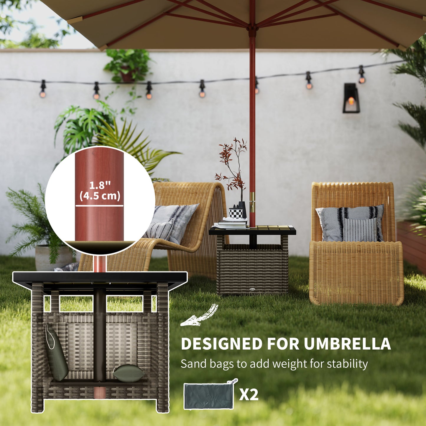 Outsunny 55cm Square Rattan Table with Umbrella Hole, Outdoor Patio Side Table, Can Be Used as an Umbrella Stand, Grey Mix