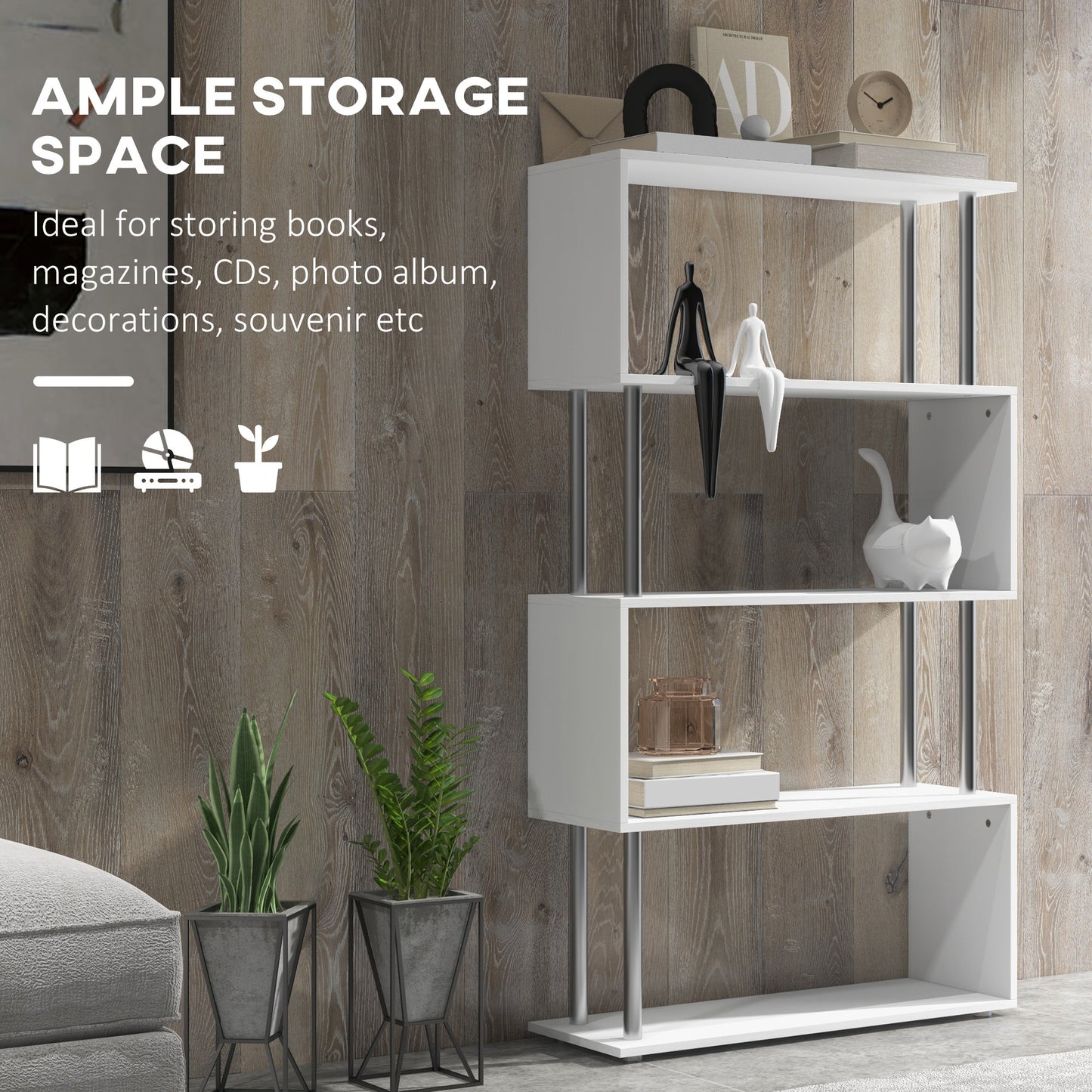 5-Tier Geometric Wooden Bookcase, White