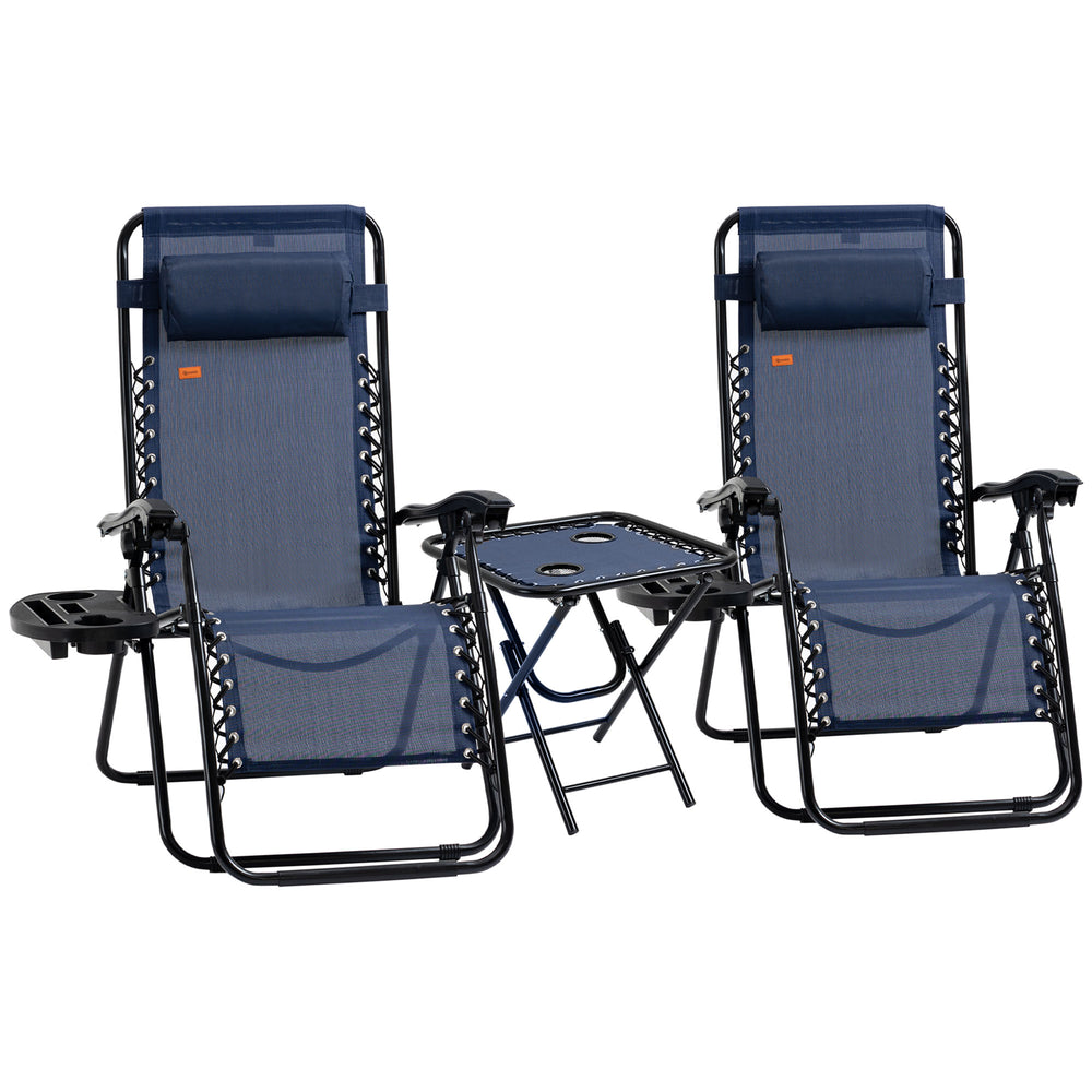 Ensemble de 2 chaises de patio Zero Gravity avec table d'appoint, porte-gobelets et coussins pour piscine, jardin, pelouse, plage, bleu