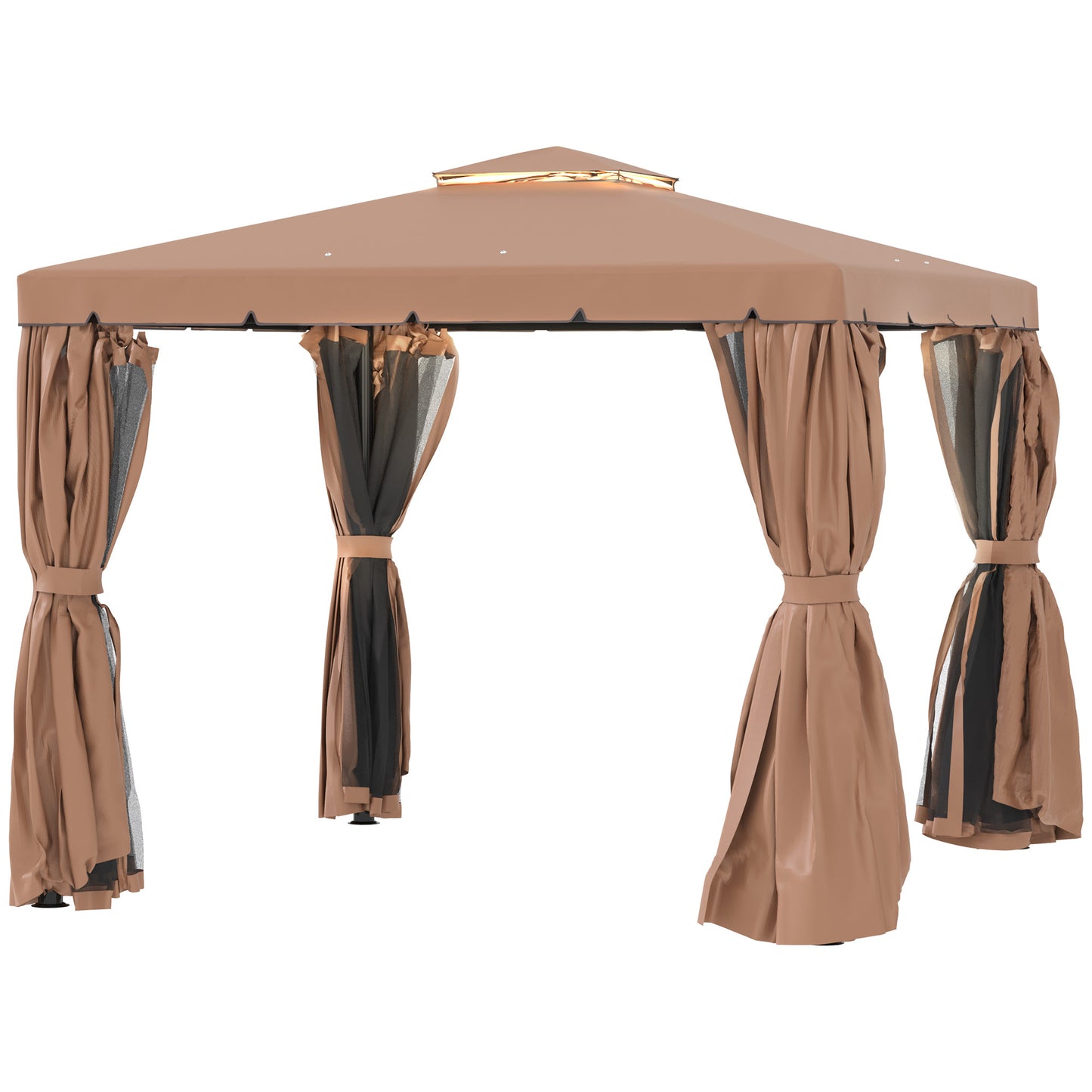 Gazebo d'extérieur 10' x 10' double toit souple avec rideaux et moustiquaires, marron