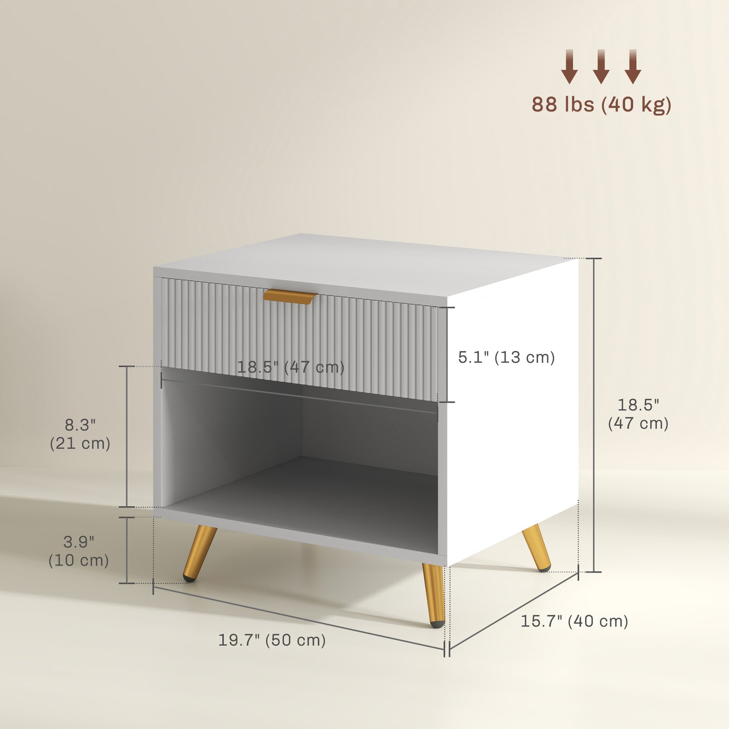 Table de chevet avec panneau cannelé, tiroir et compartiment ouvert, blanche