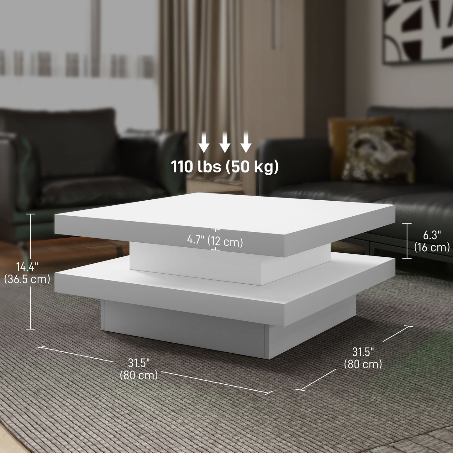 Table basse carrée avec 7 lumières LED et télécommande, blanche