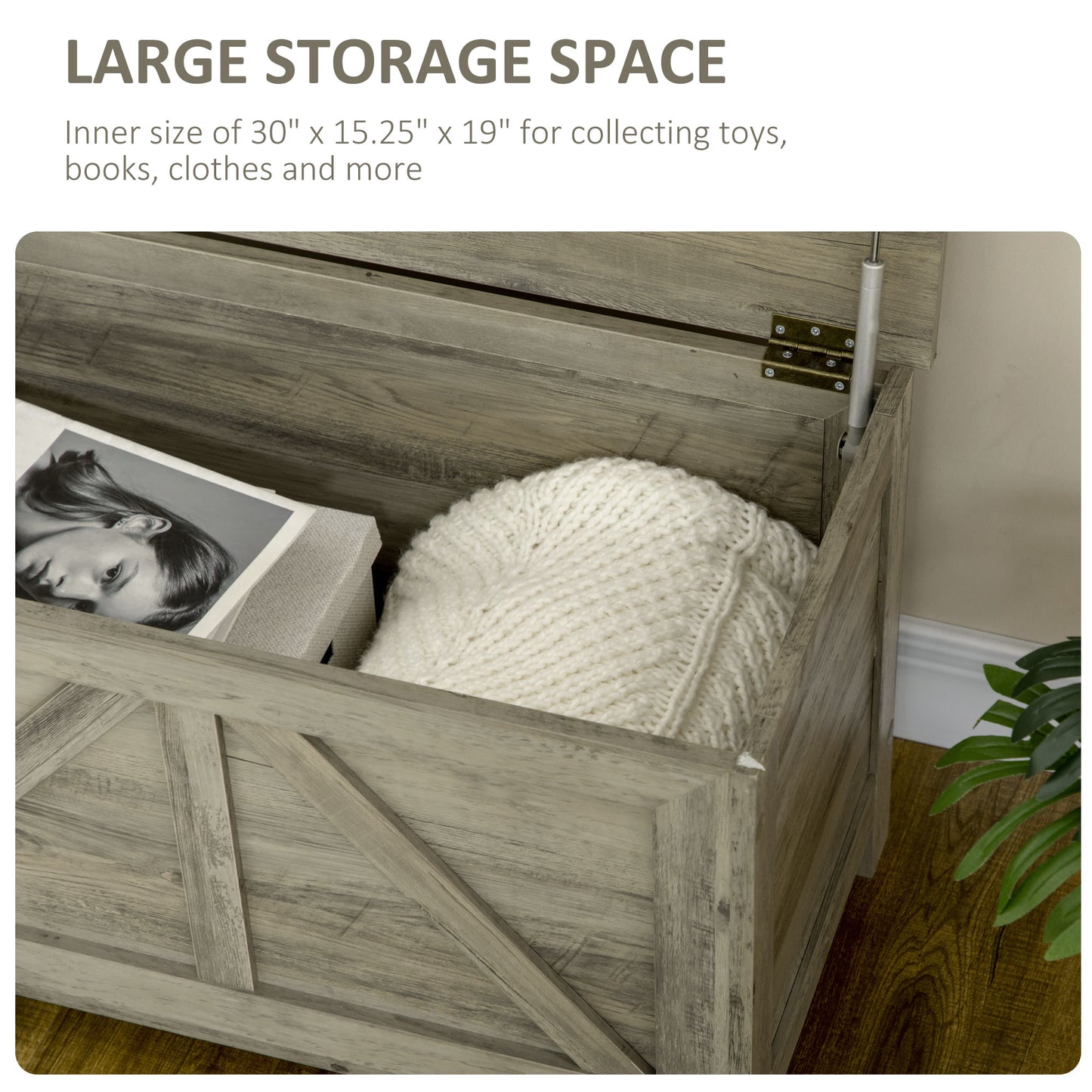 Coffre de rangement style ferme, charnière de sécurité pour ouverture à 100°, grain de bois gris