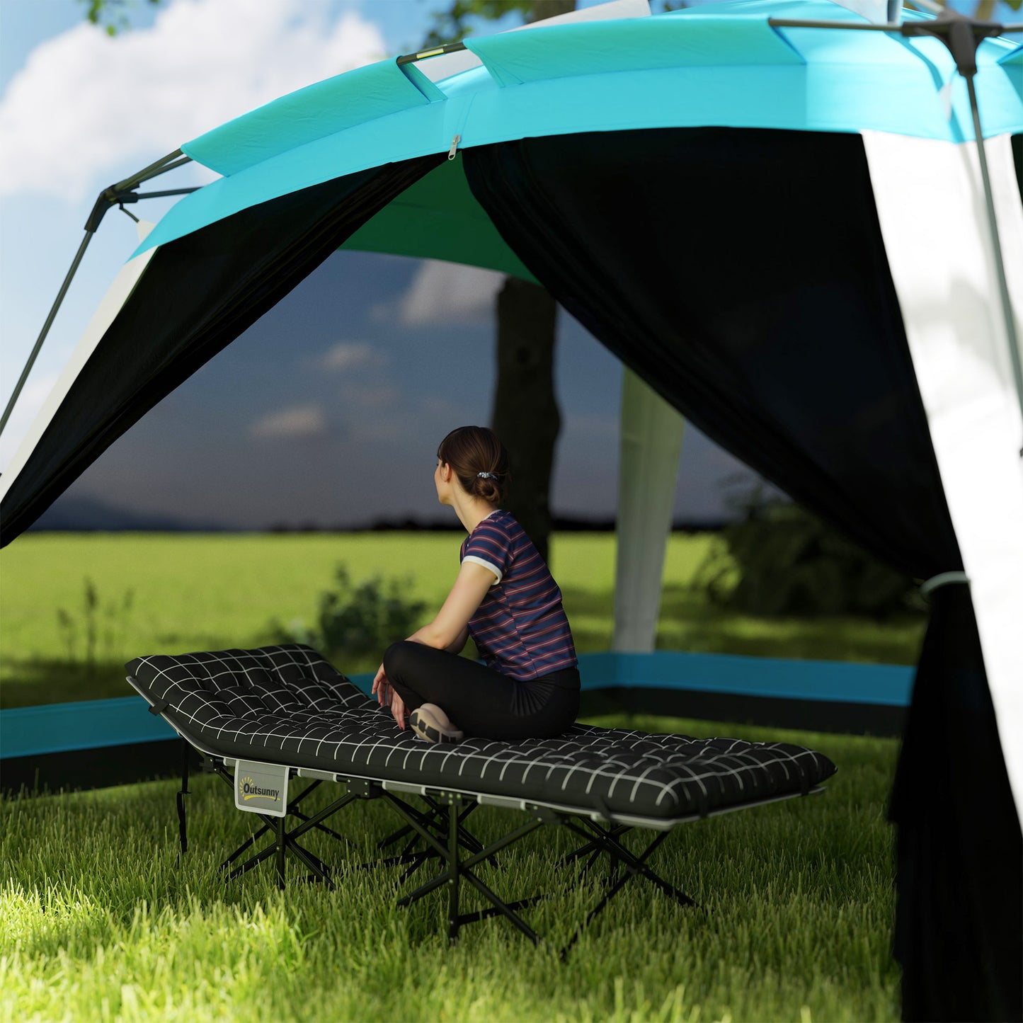 Lit de camp pour adultes avec matelas, poche de rangement, sac de transport, charge maximale 150 kg, noir