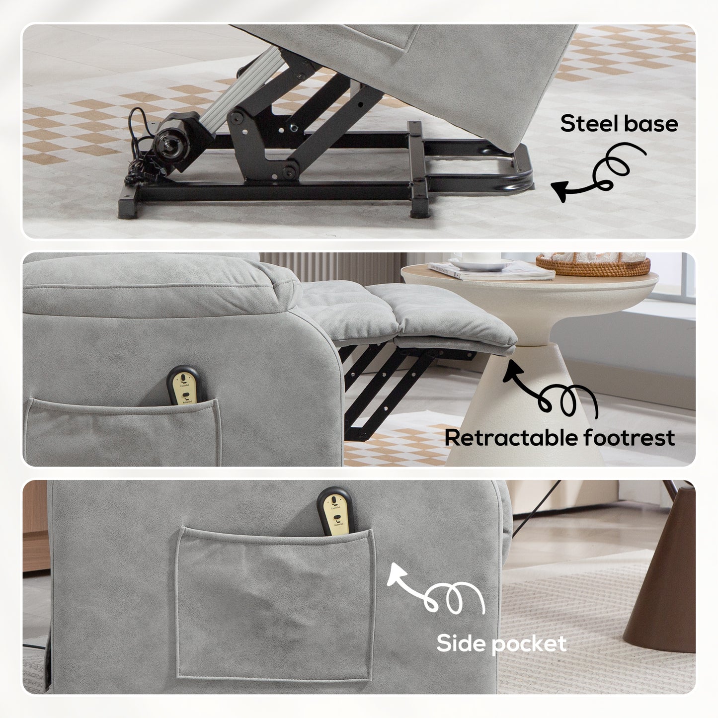 Fauteuil releveur pour seniors, fauteuil inclinable électrique en microfibre avec télécommande, gris clair