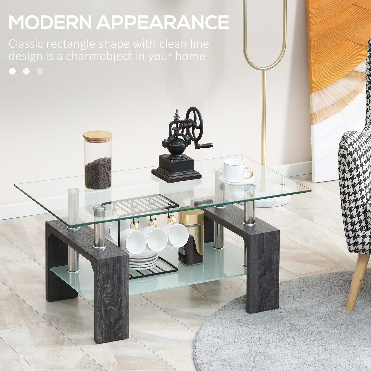 Table basse rectangulaire en verre avec plateau en verre trempé et étagère de rangement pour salon, gris
