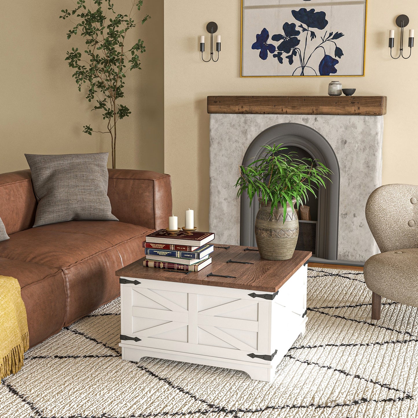 Table basse carrée style ferme avec couvercles rabattables et compartiment de rangement dissimulé, blanche