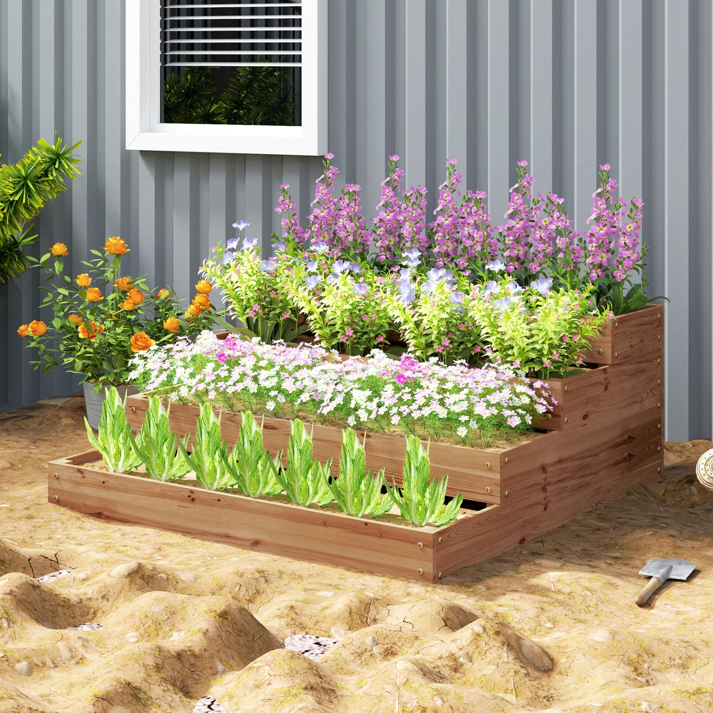 4 Tier Vertical Wooden Raised Garden Bed with Liner for Vegetables, Flowers and Herbs, Dark Brown
