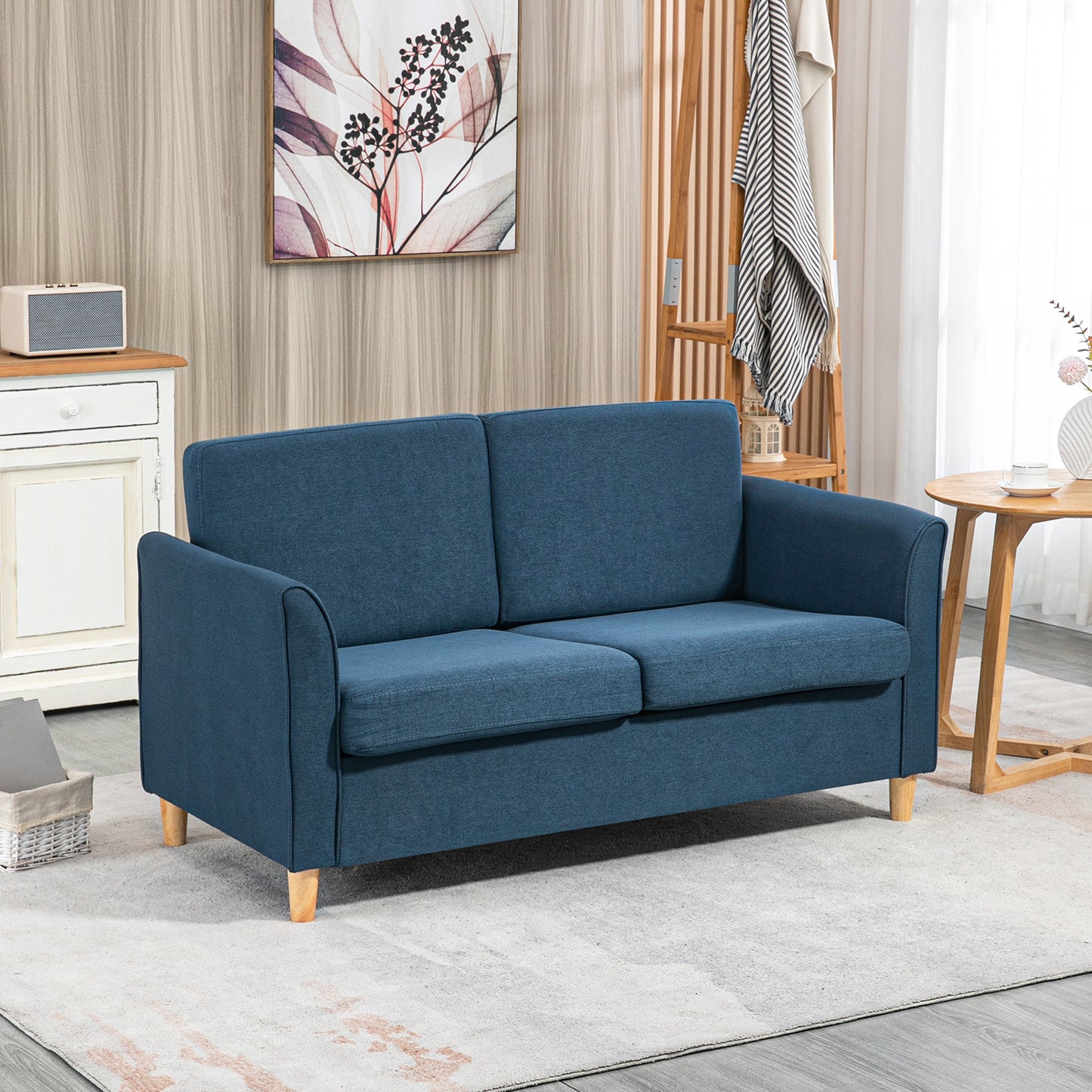 HOMCOM 2 Seater Sofa with Armrests and Wooden Legs for Living Room, Bedroom, Blue