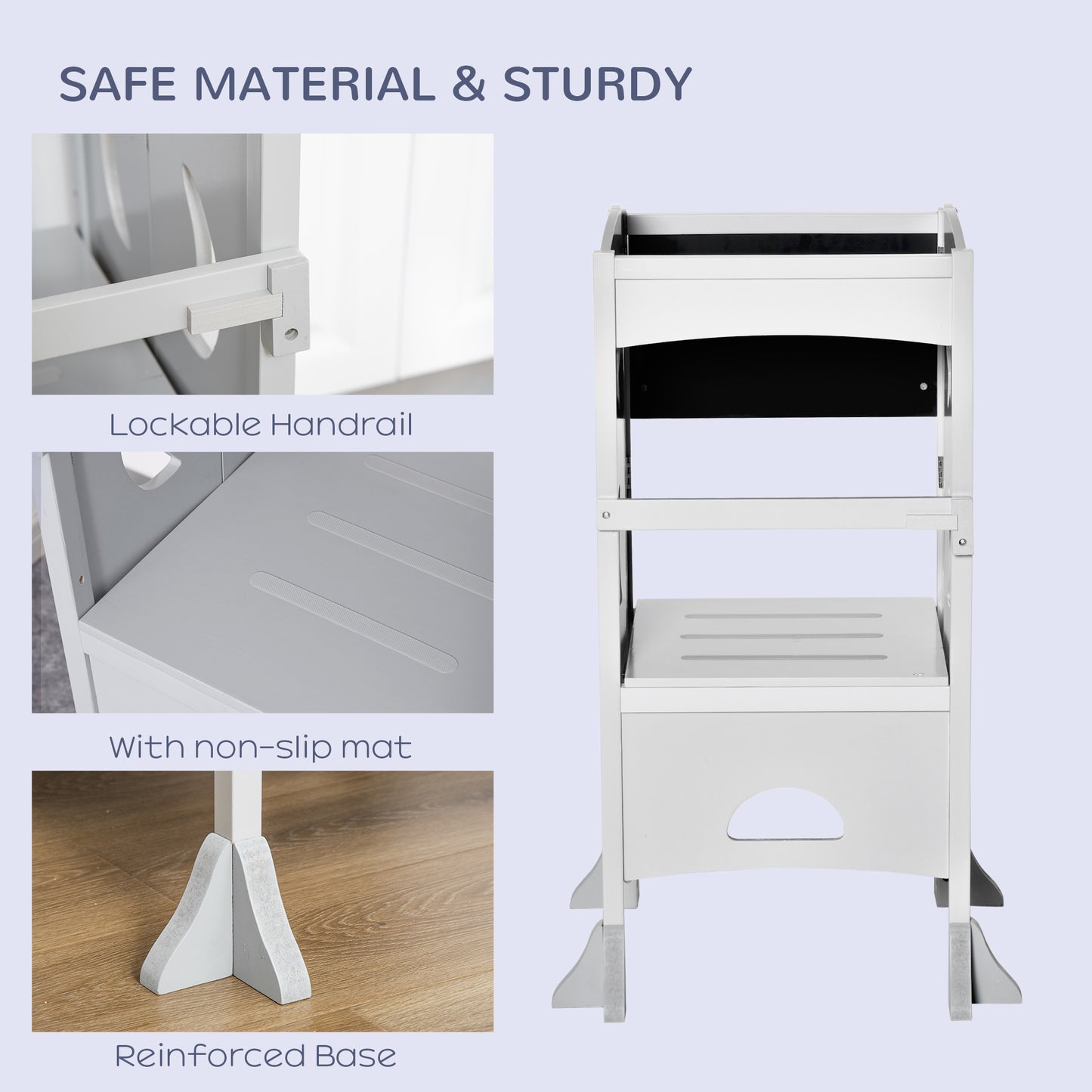 Foldable Toddler Kitchen Step Stool with Chalkboard and Locking Handrail for Kids Ages 3-6 Years Old Grey