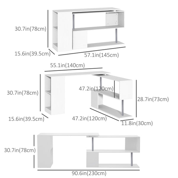 Bureau d'angle 55", pivotant à 360°, en L, avec étagères à 3 niveaux, blanc