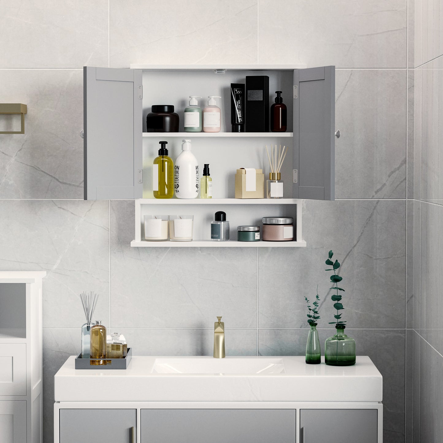 Armoire à pharmacie avec portes doubles, blanc et gris