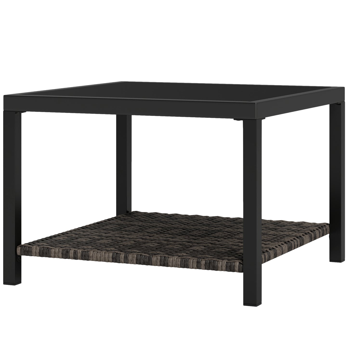 Table basse d'extérieur avec plateau en verre trempé et étagère de rangement pour terrasse, jardin et balcon, noire