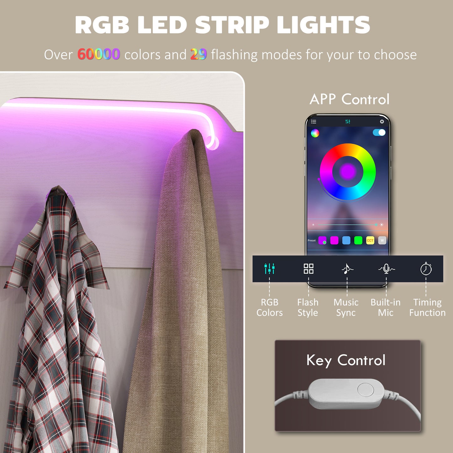 Meuble d'entrée 3 en 1 avec éclairage LED et banc, porte-manteau et rangement pour chaussures, grain de bois blanc