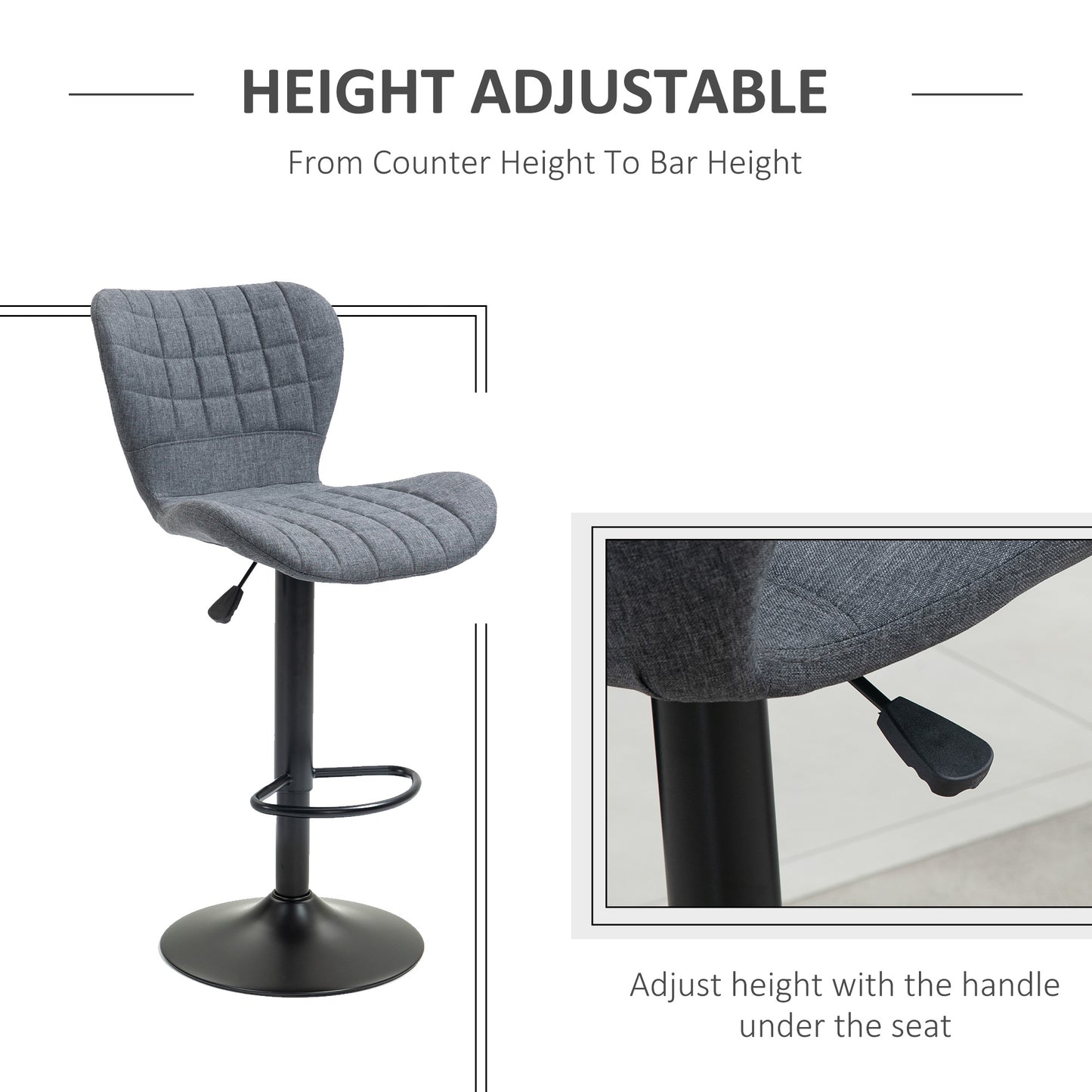 Set of 2 bar stools, adjustable height, swivel, gray