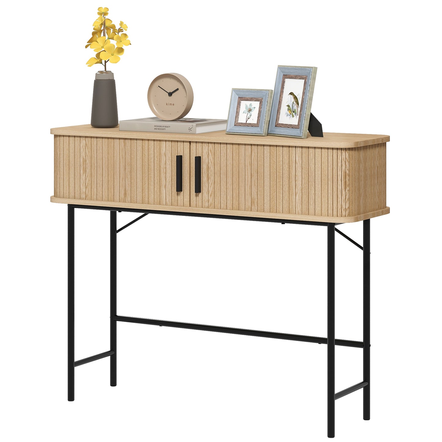 Console étroite avec portes coulissantes à lattes et pieds en acier, chêne et noir